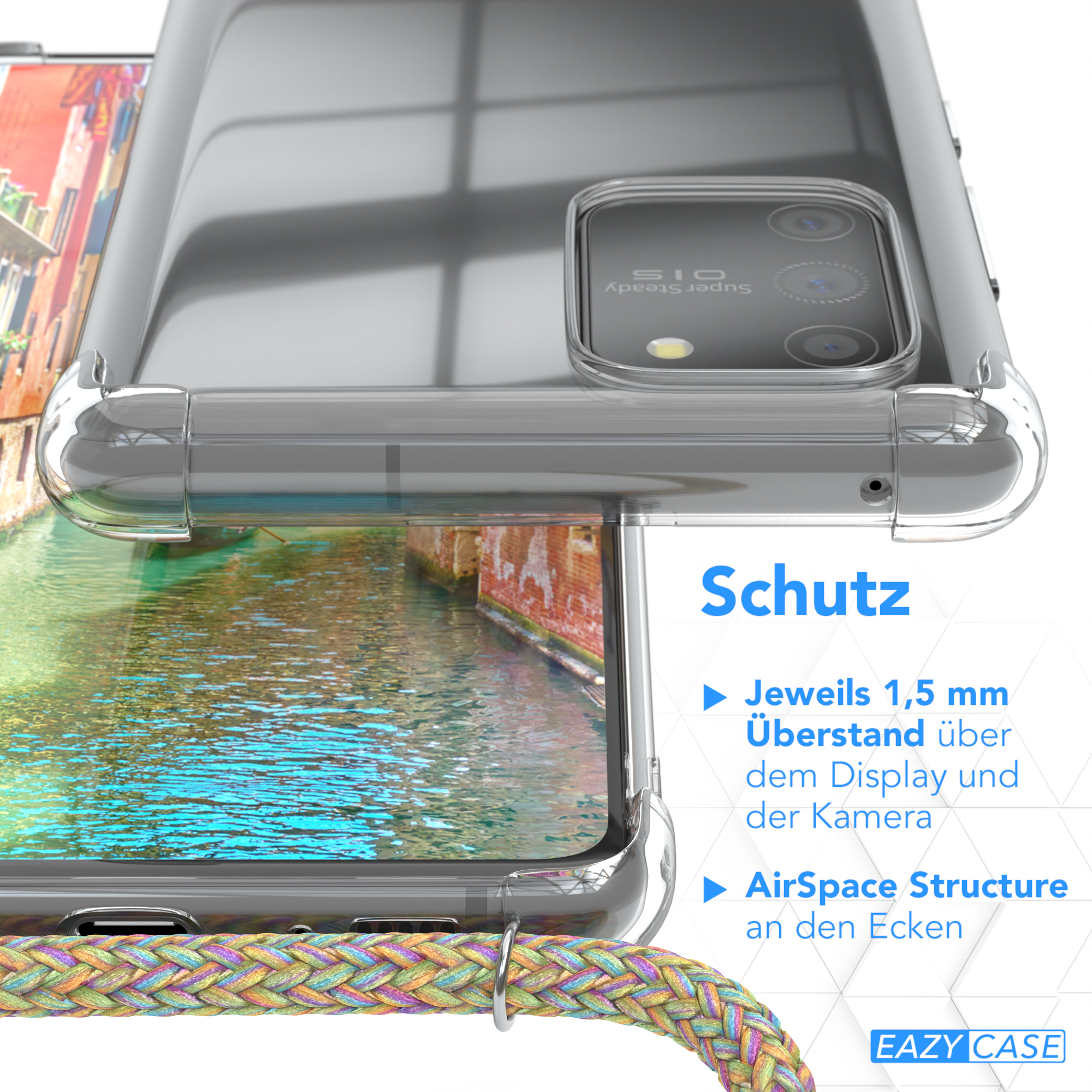 Transparente Handyhülle, schützt Smartphone, farbenfroher Hintergrund.