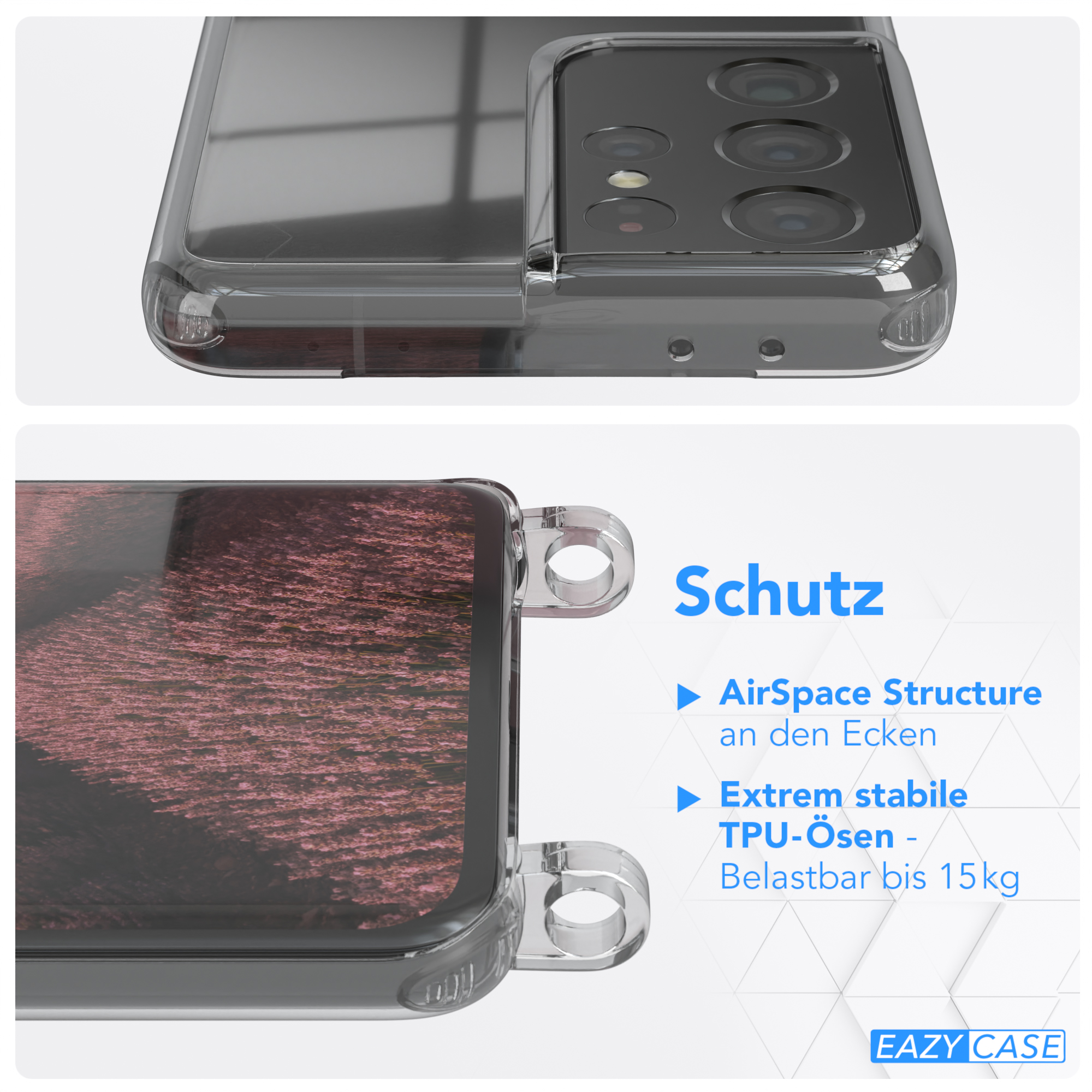 5G, Samsung, Cover Umhängeband, Uni Ultra Umhängetasche, Galaxy CASE Clear EAZY Altrosa mit S21