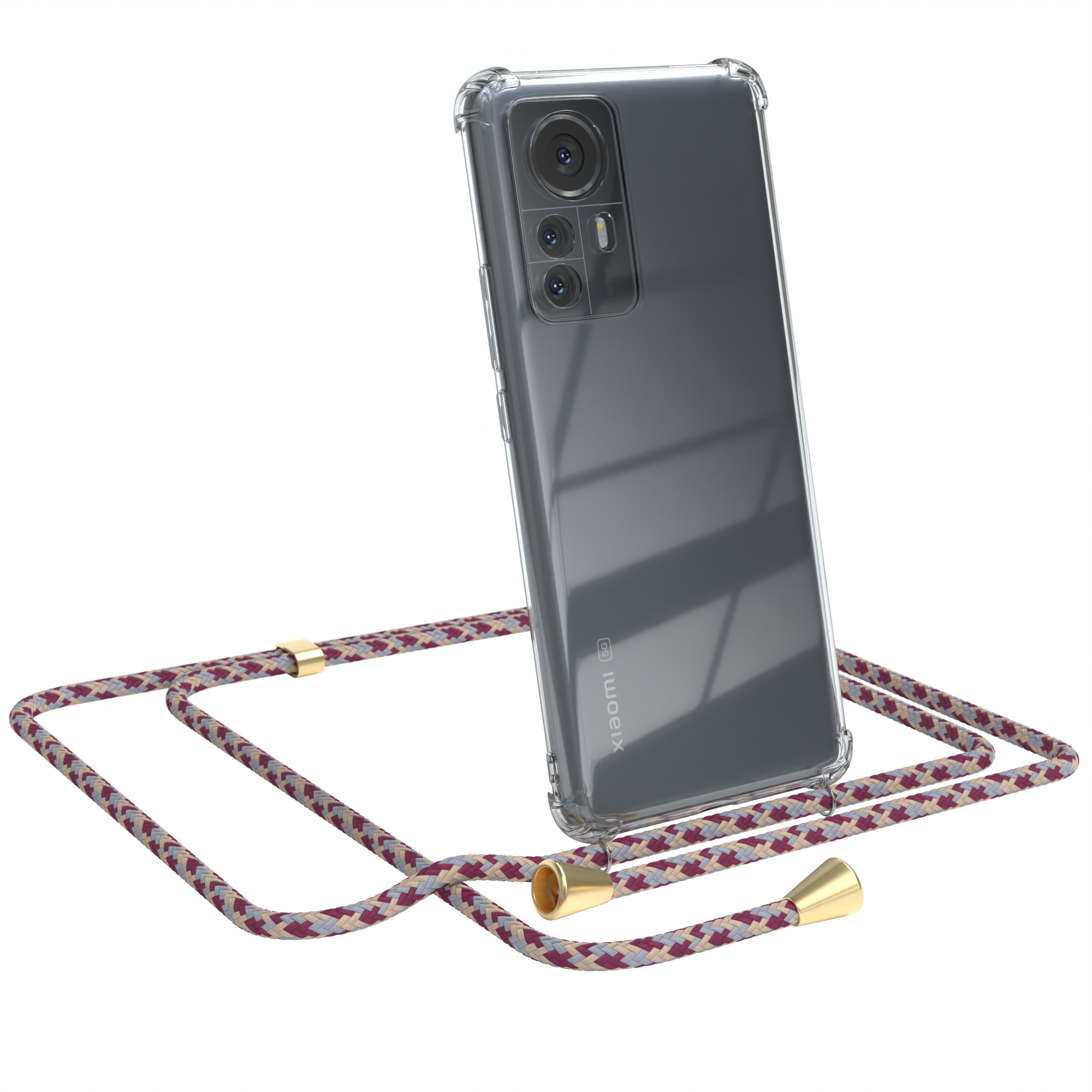 Transparente Handyhülle mit buntem Kordelband. Ein Xiaomi-Handy ist im Case.