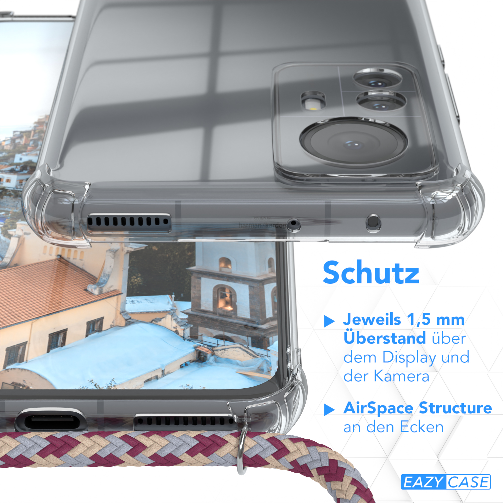 Transparente Handyhülle mit Band unten. Der Hintergrund ist eine Nahaufnahme einer Stadtlandschaft.