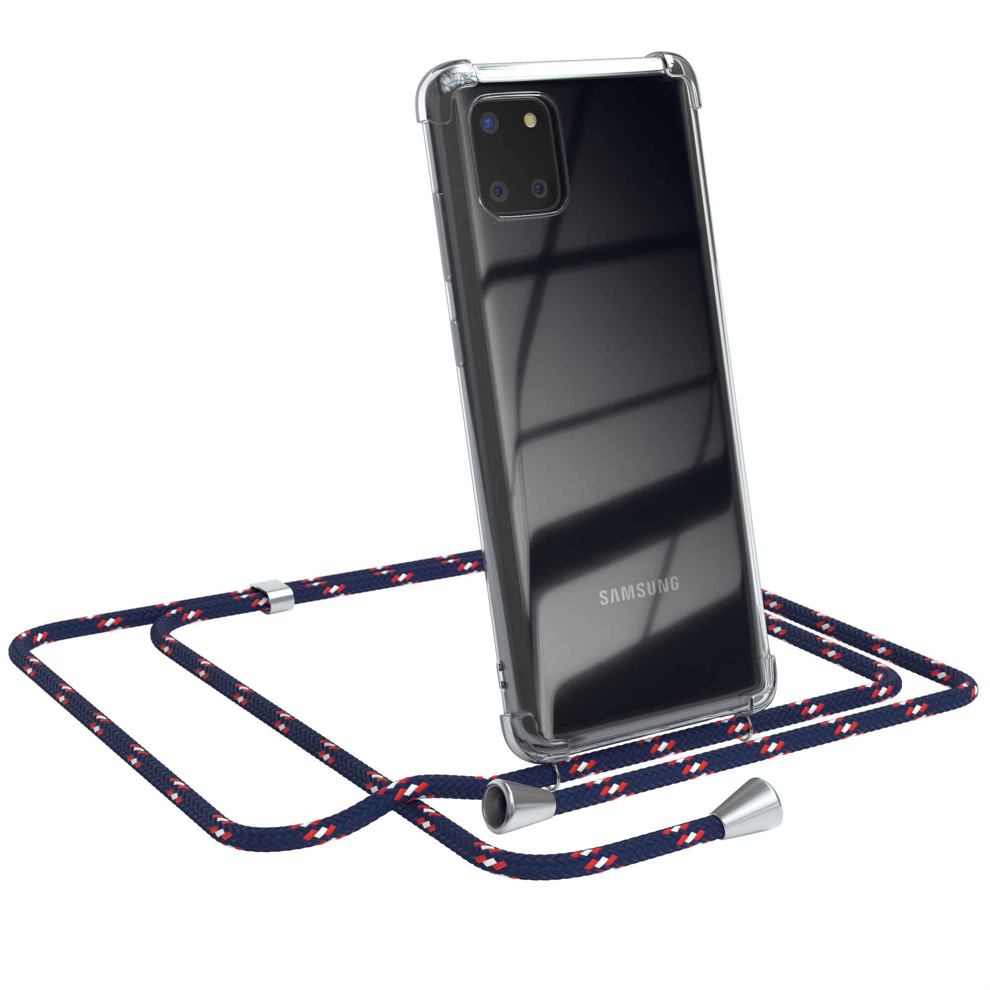 Transparente Handyhülle mit blau-rotem Band. Samsung-Logo sichtbar. Weißer Hintergrund.