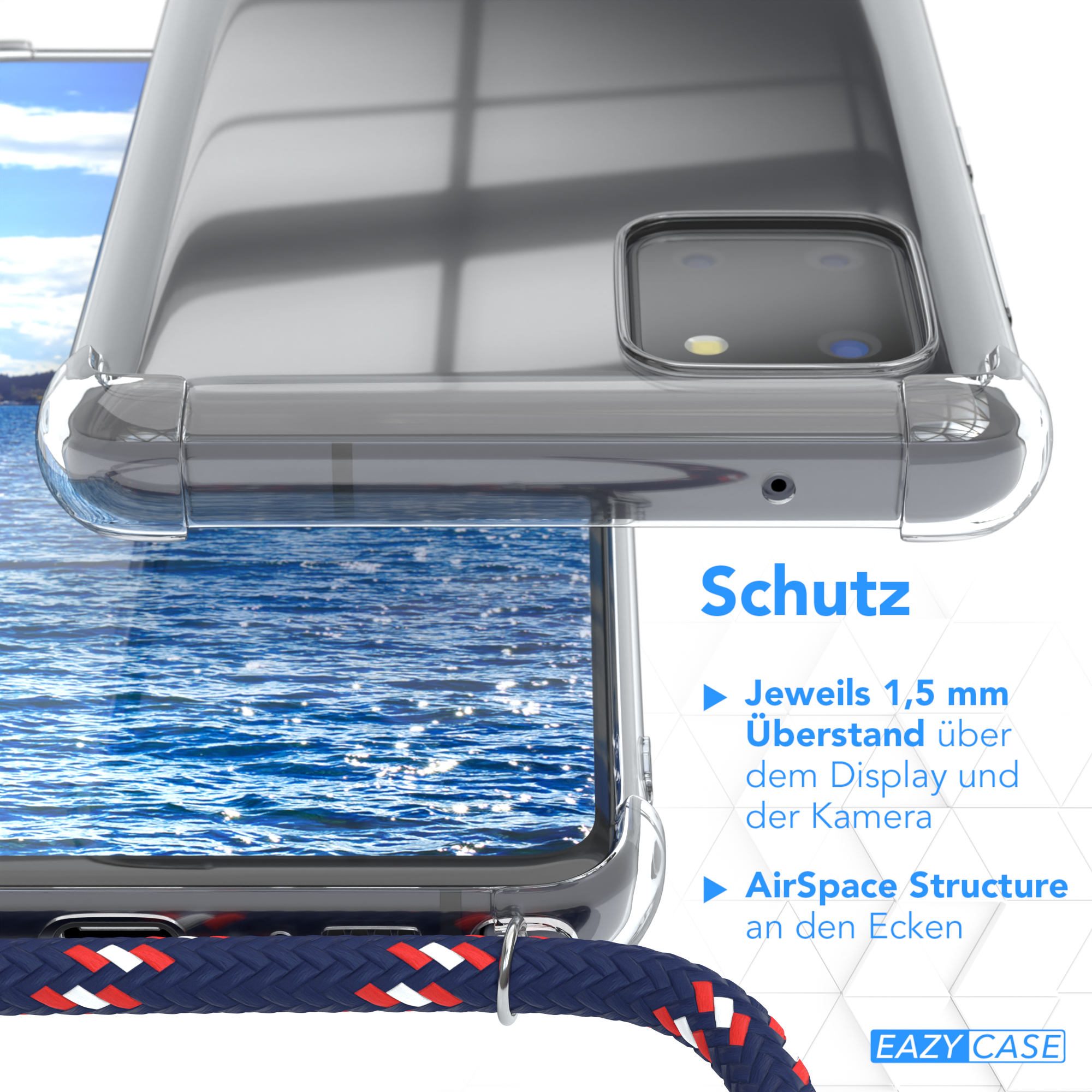 Klare Handyhülle mit blauem Kabel. Blaues Wasser im Hintergrund. Text: Schutz.