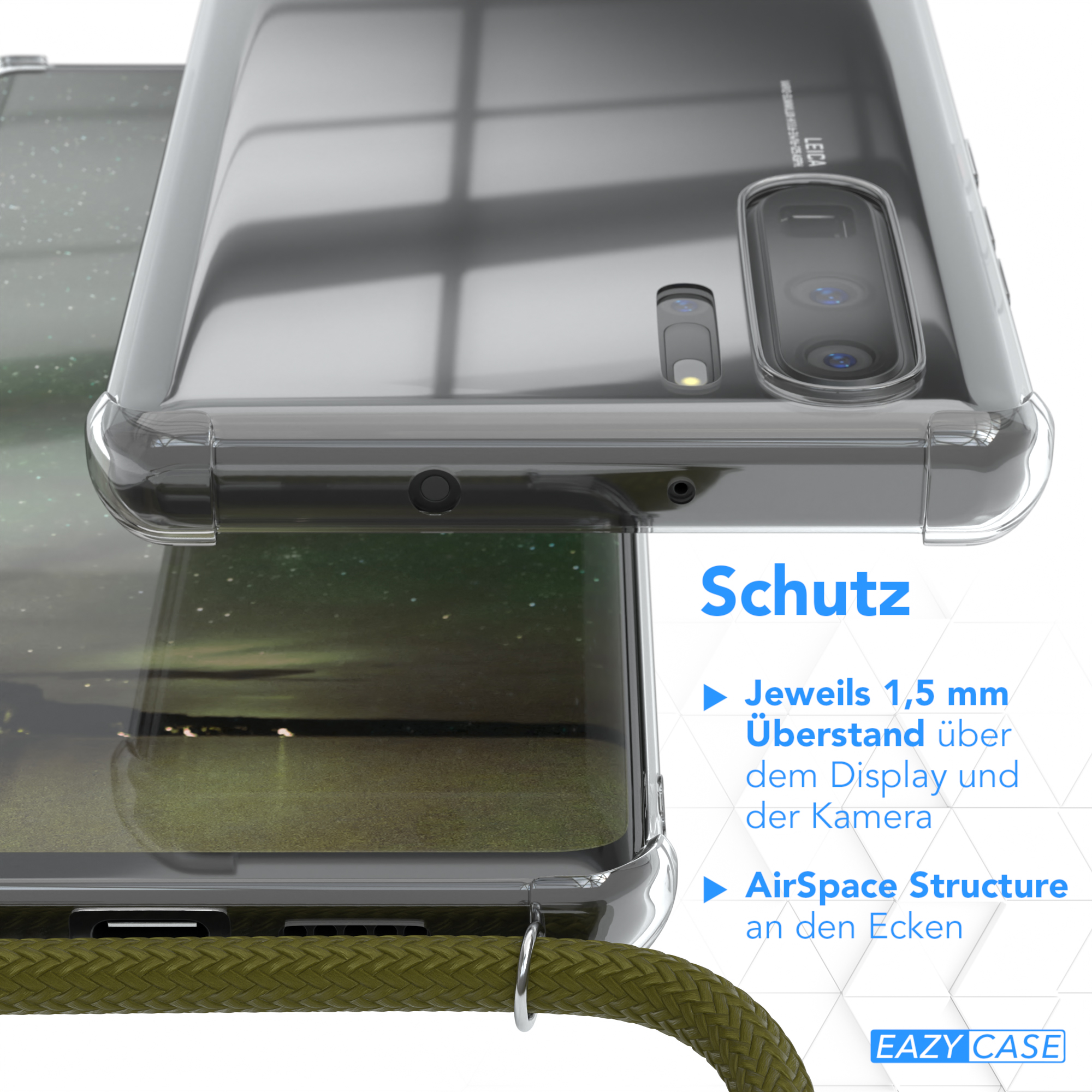 Klare Handyhülle schützt das Telefon. Enthält Text über Display- und Kameraschutz.
