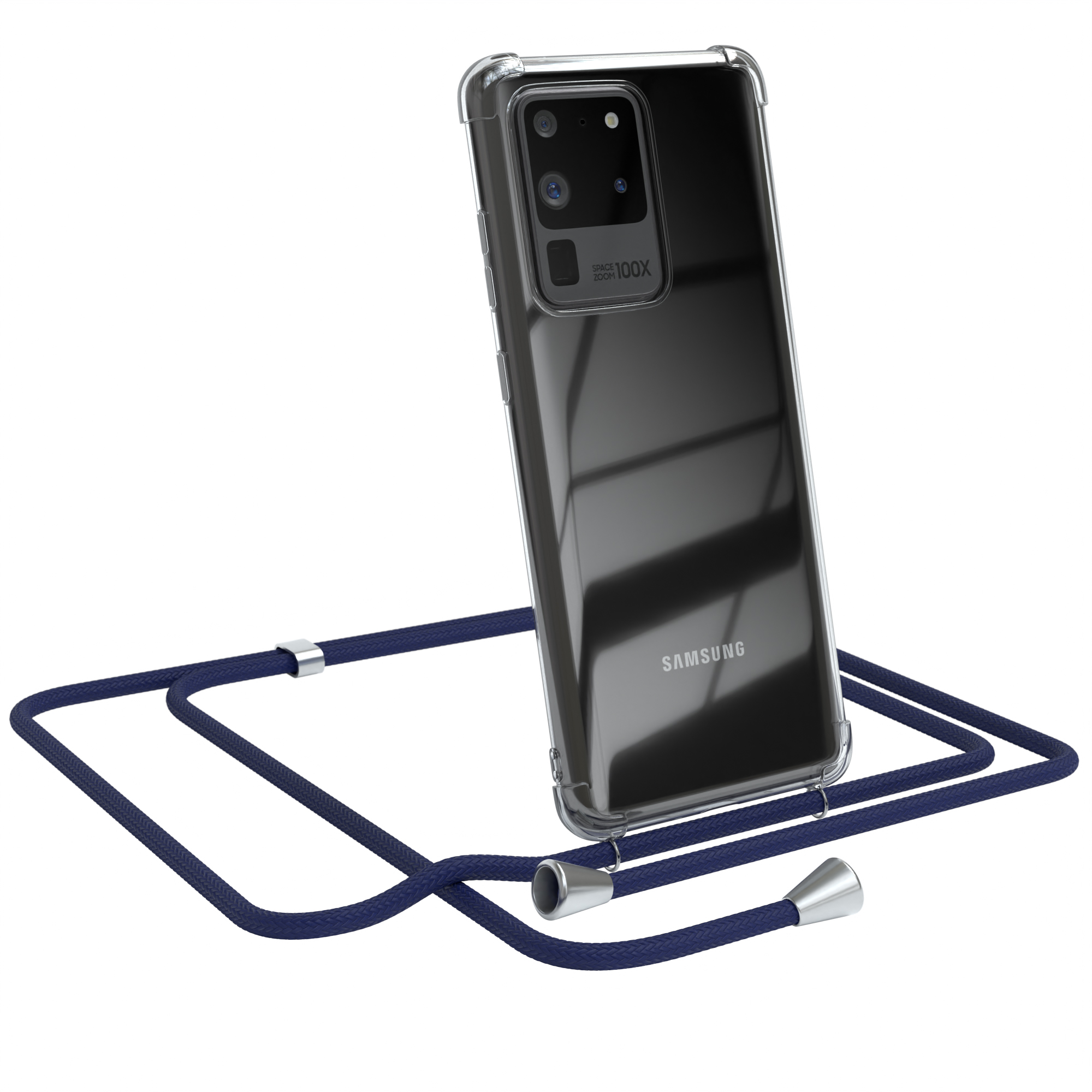 Transparente Handyhülle mit blauem Umhängeband, Samsung-Logo. Weißer Hintergrund.