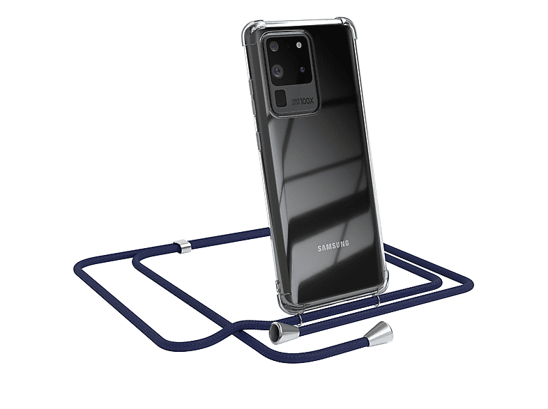 EAZY CASE Clear Cover mit Umhängeband, Umhängetasche, Samsung, Galaxy S20 Ultra / S20 Ultra 5G, Blau / Clips Silber