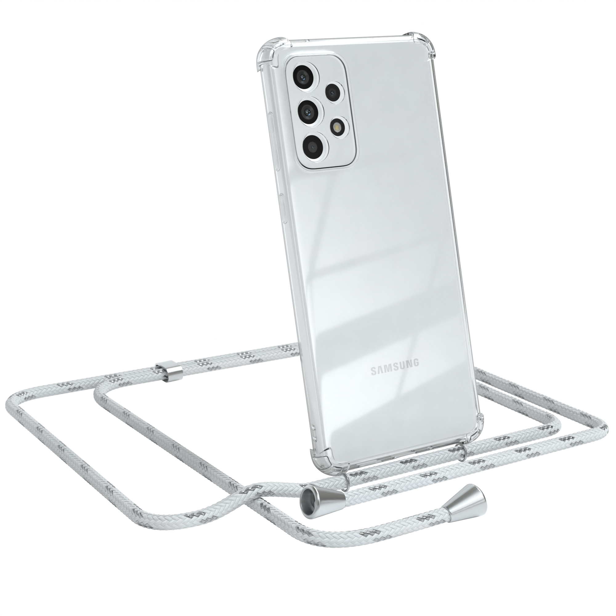 Samsung-Telefon in klarer Hülle mit weißem Umhängeband. Telefon lehnt an der Schnur.