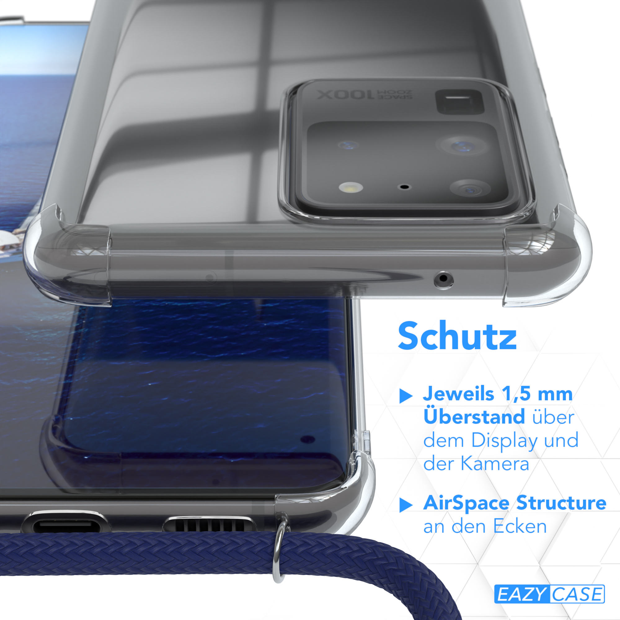 EAZY Silber / Galaxy Umhängeband, 5G, / Clips Samsung, Ultra Blau S20 Umhängetasche, CASE Clear mit S20 Cover Ultra