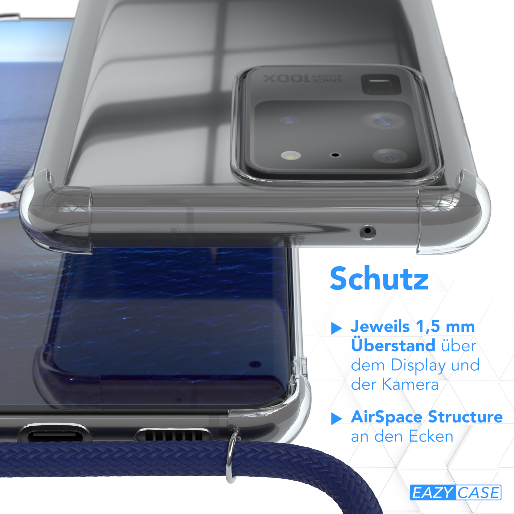 Nahaufnahme einer Handyhülle. Text: 'Schutz', '1,5 mm Überstand', 'AirSpace Structure'.