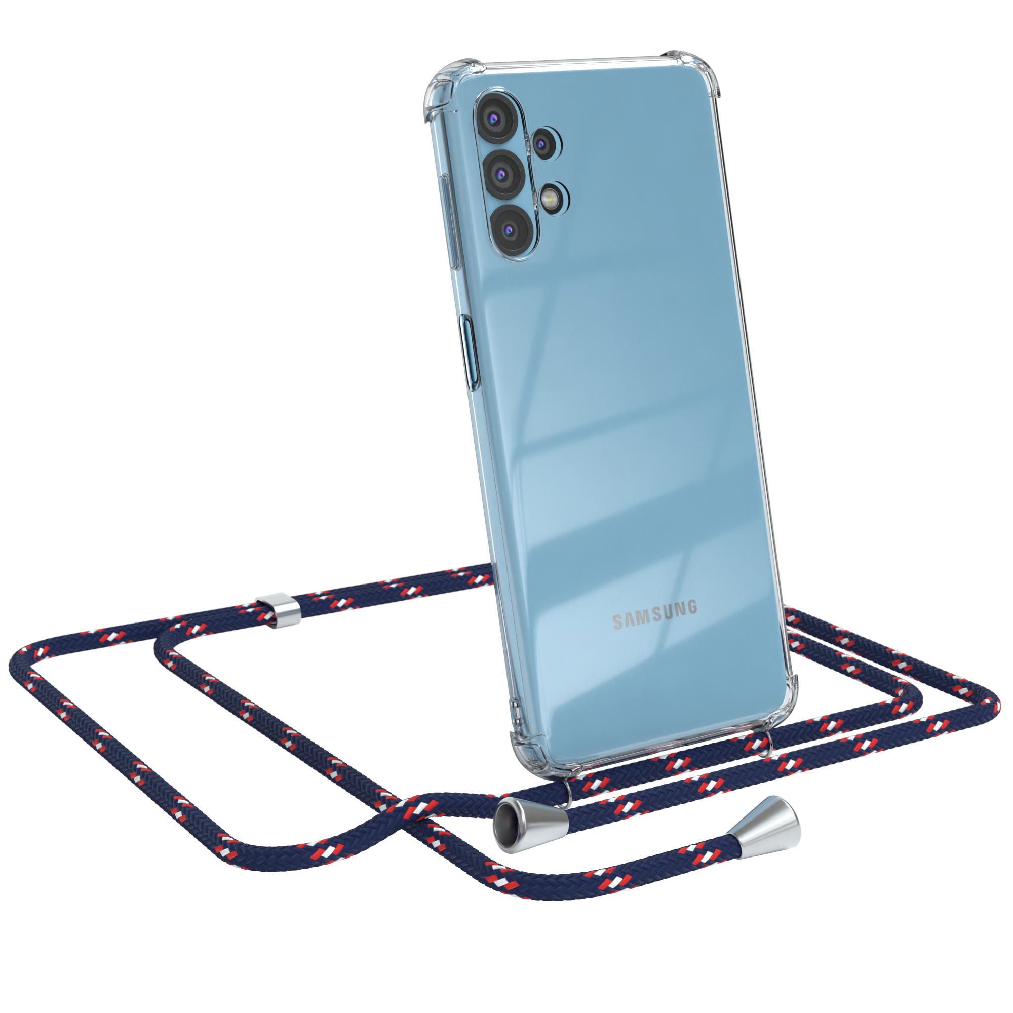 Transparente Handyhülle mit blau-rotem Lanyard auf weißem Hintergrund. Samsung Telefon.