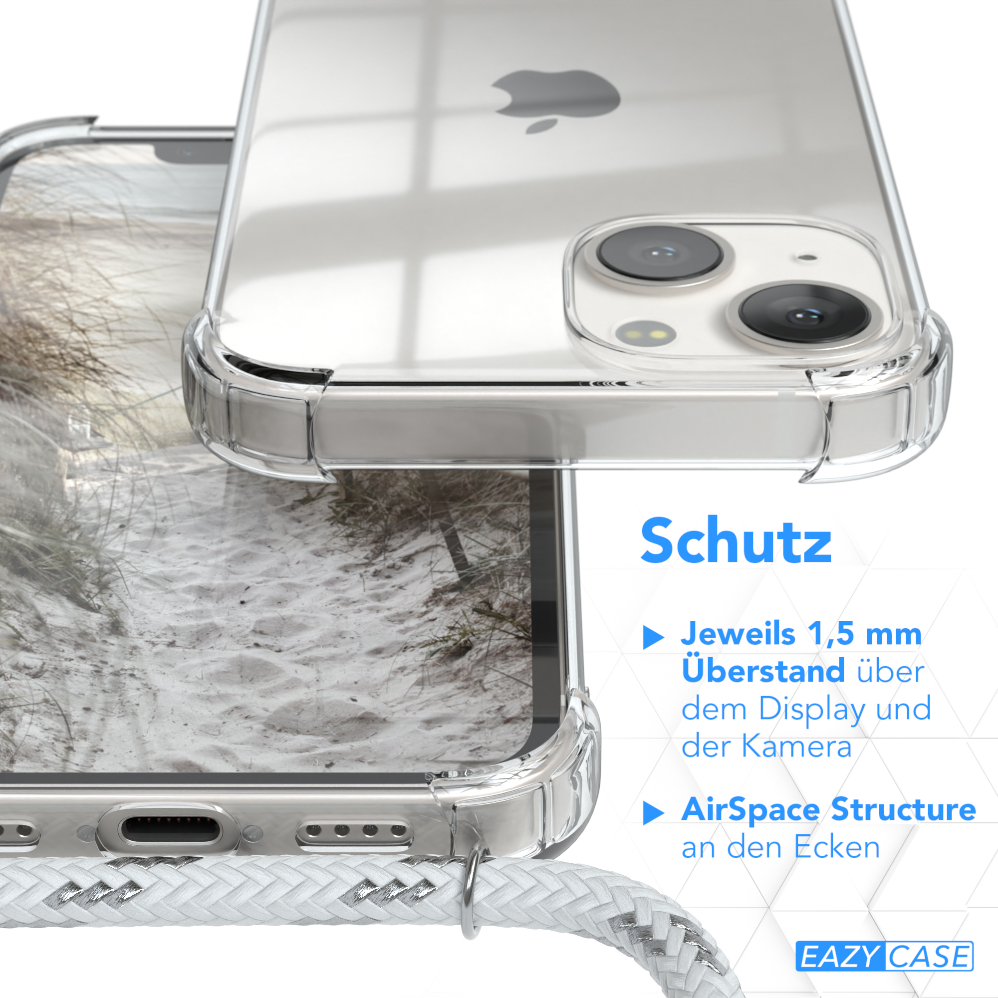 Nahaufnahme einer Handyhülle mit geflochtener Kordel. Text über Display- und Eckenschutz ist sichtbar.
