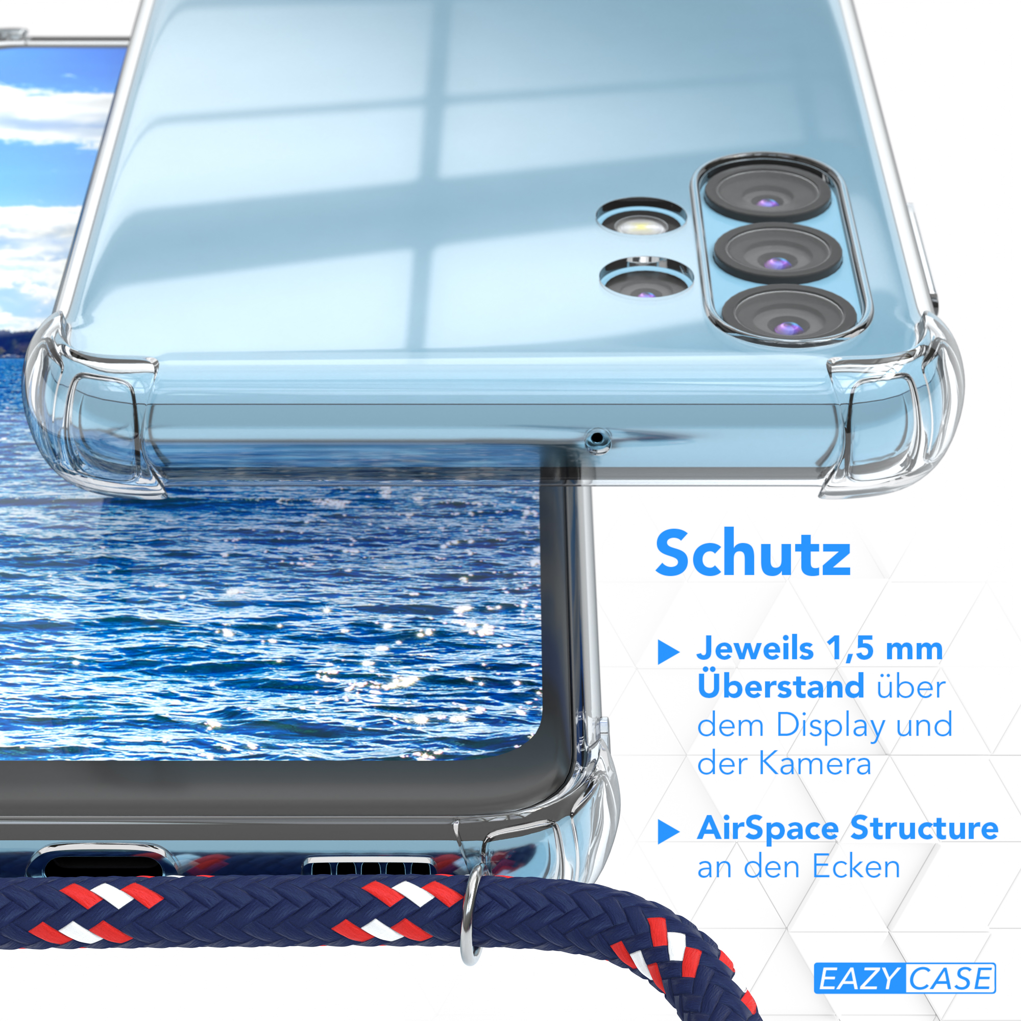 Handyhülle mit Wasserbild. Text zu Schutzfunktionen. Blau-weiß geflochtene Kordel.