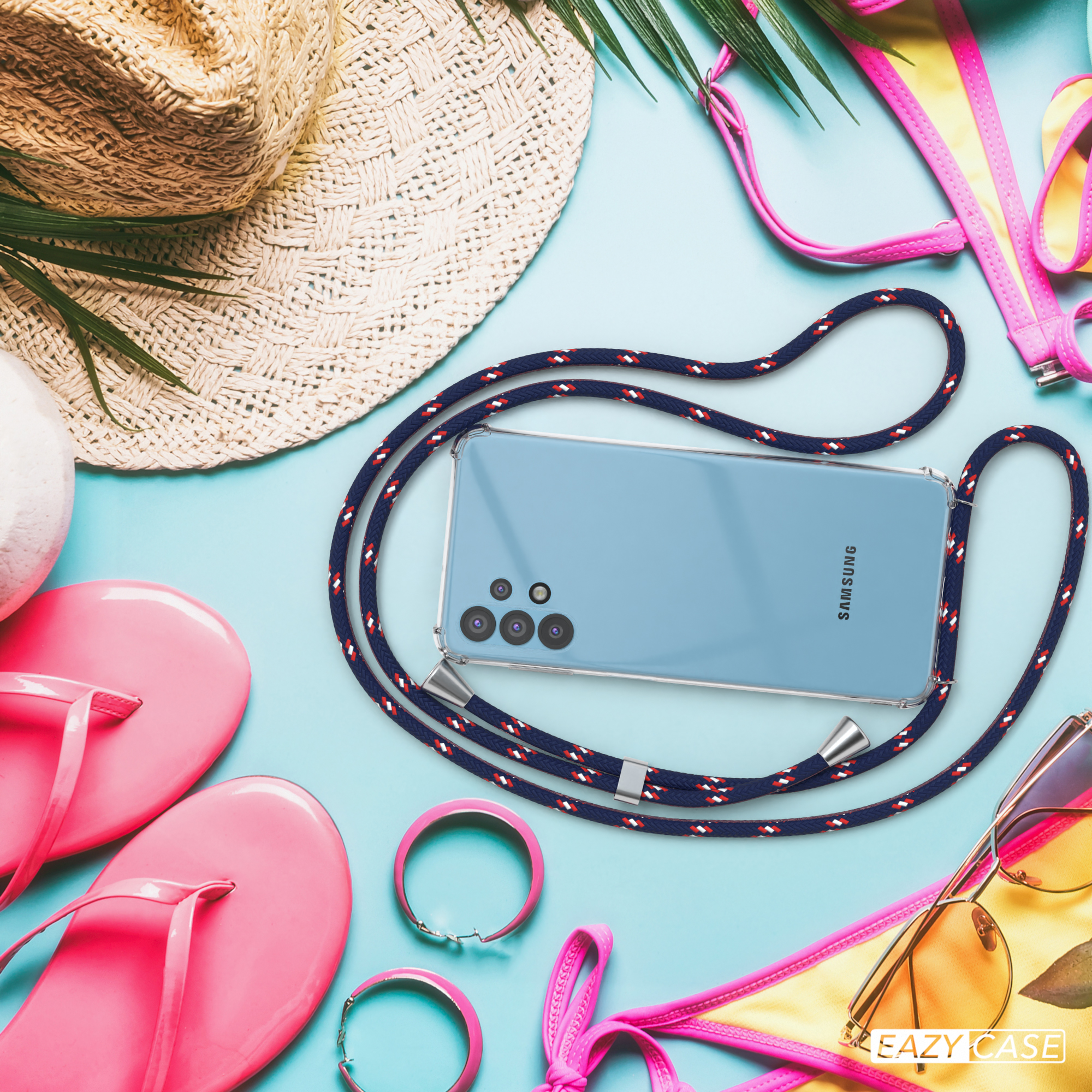 Eine Handyhülle mit blauem Telefon, Sonnenbrille, rosa Accessoires und Strohhut auf blauem Untergrund.
