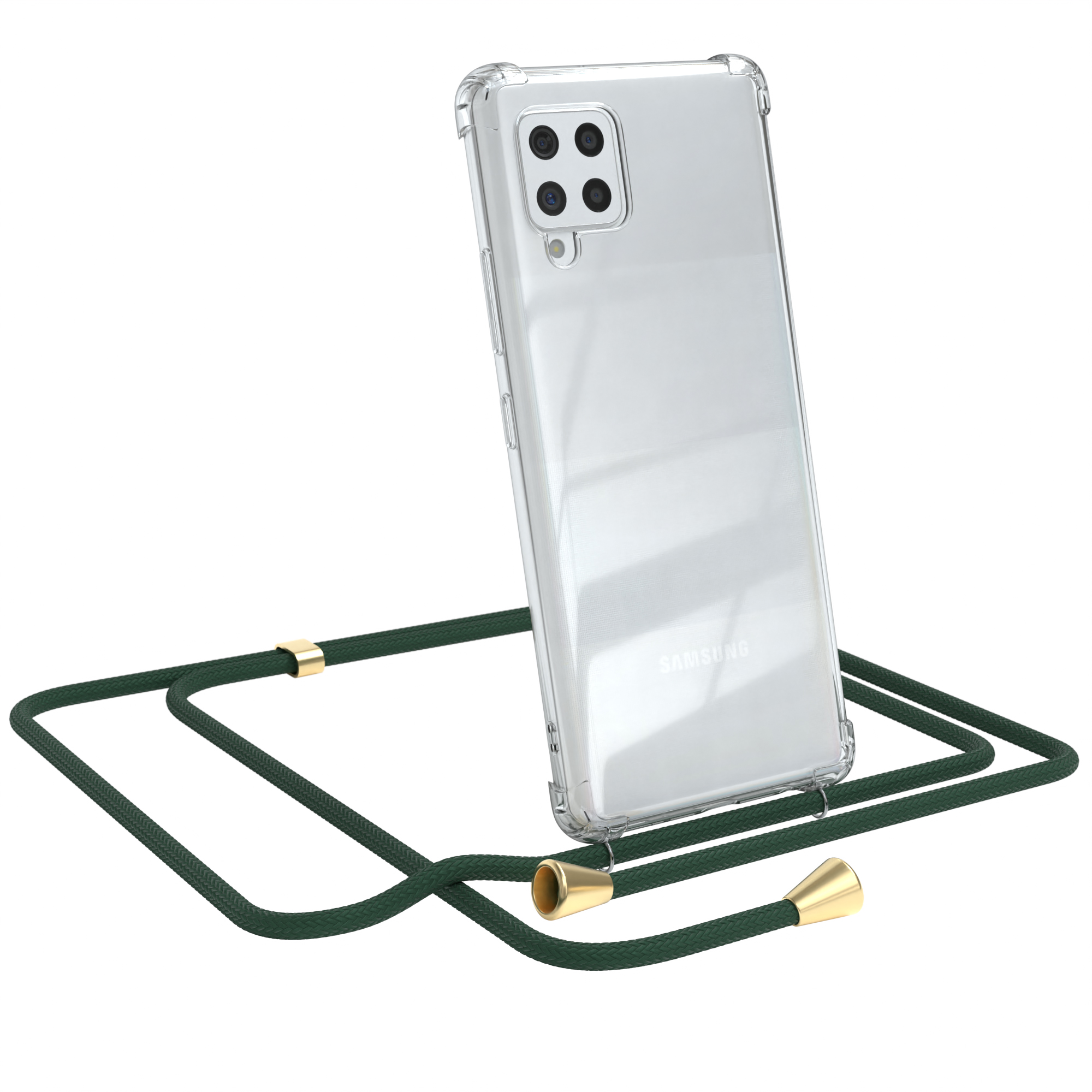 Transparente Handyhülle mit grünem Lanyard. Samsung-Telefon sichtbar. Weißer Hintergrund.
