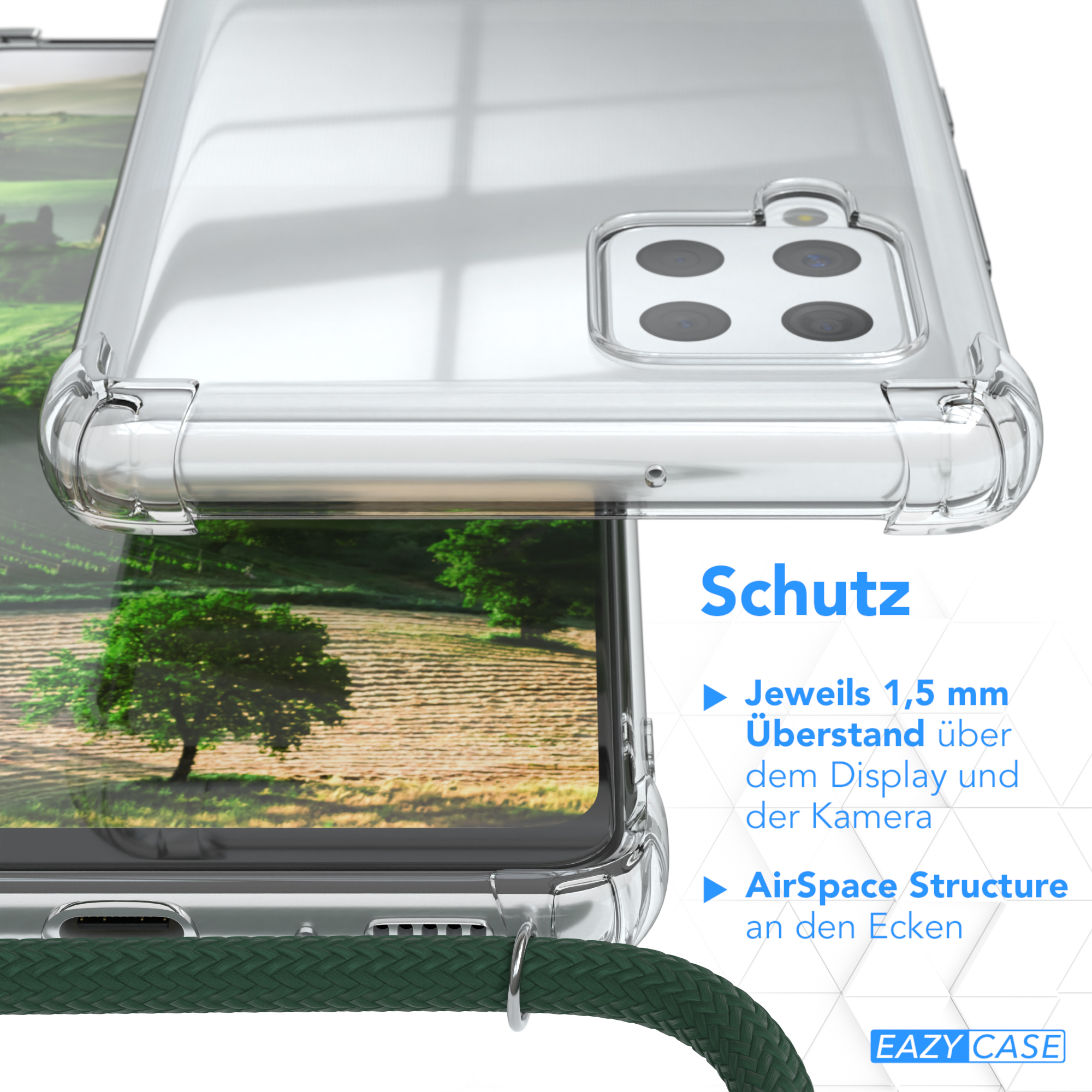 Nahaufnahme einer Handyhülle. Das Telefon ist darin. Die Hülle ist transparent mit grünem Band.
