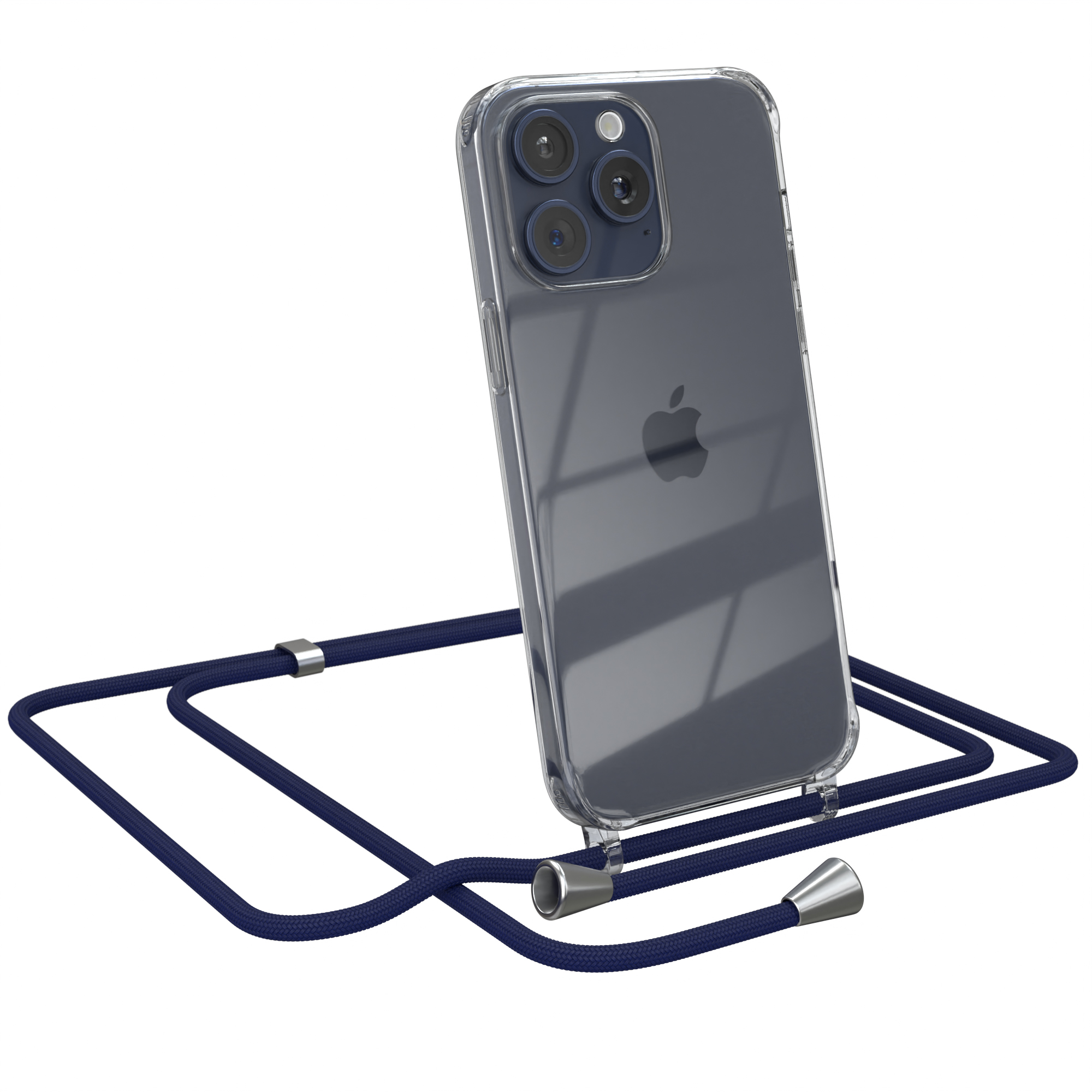 Umhängetasche, Clear Apple, Umhängeband, Cover Clips iPhone Max, 15 Silber Blau mit EAZY CASE Pro /