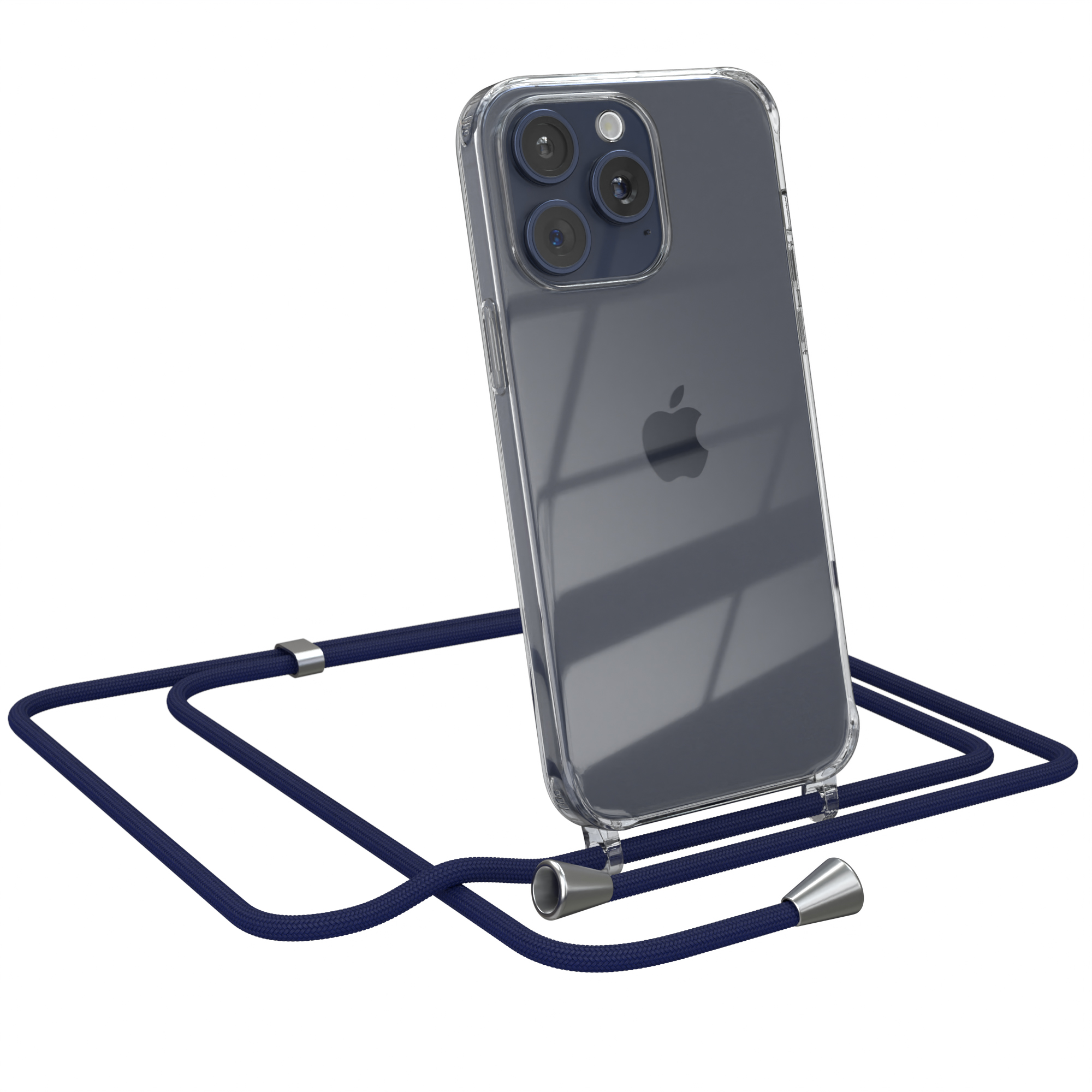 Transparente Handyhülle mit marineblauem Lanyard. iPhone sichtbar. Weißer Hintergrund.