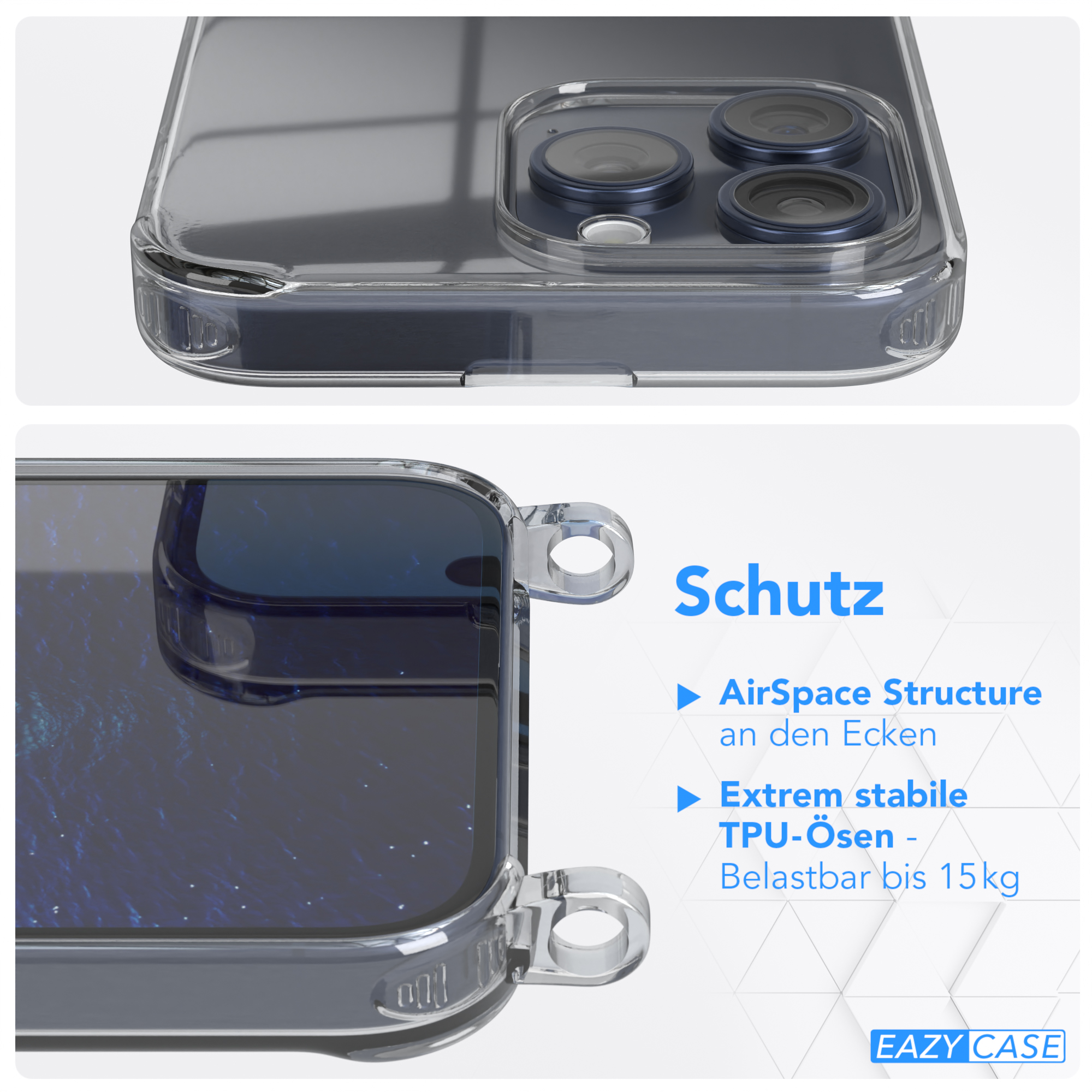 Transparente Handyhülle. Details einer Handyhülle mit Kameraausschnitten und dem Wort Schutz.