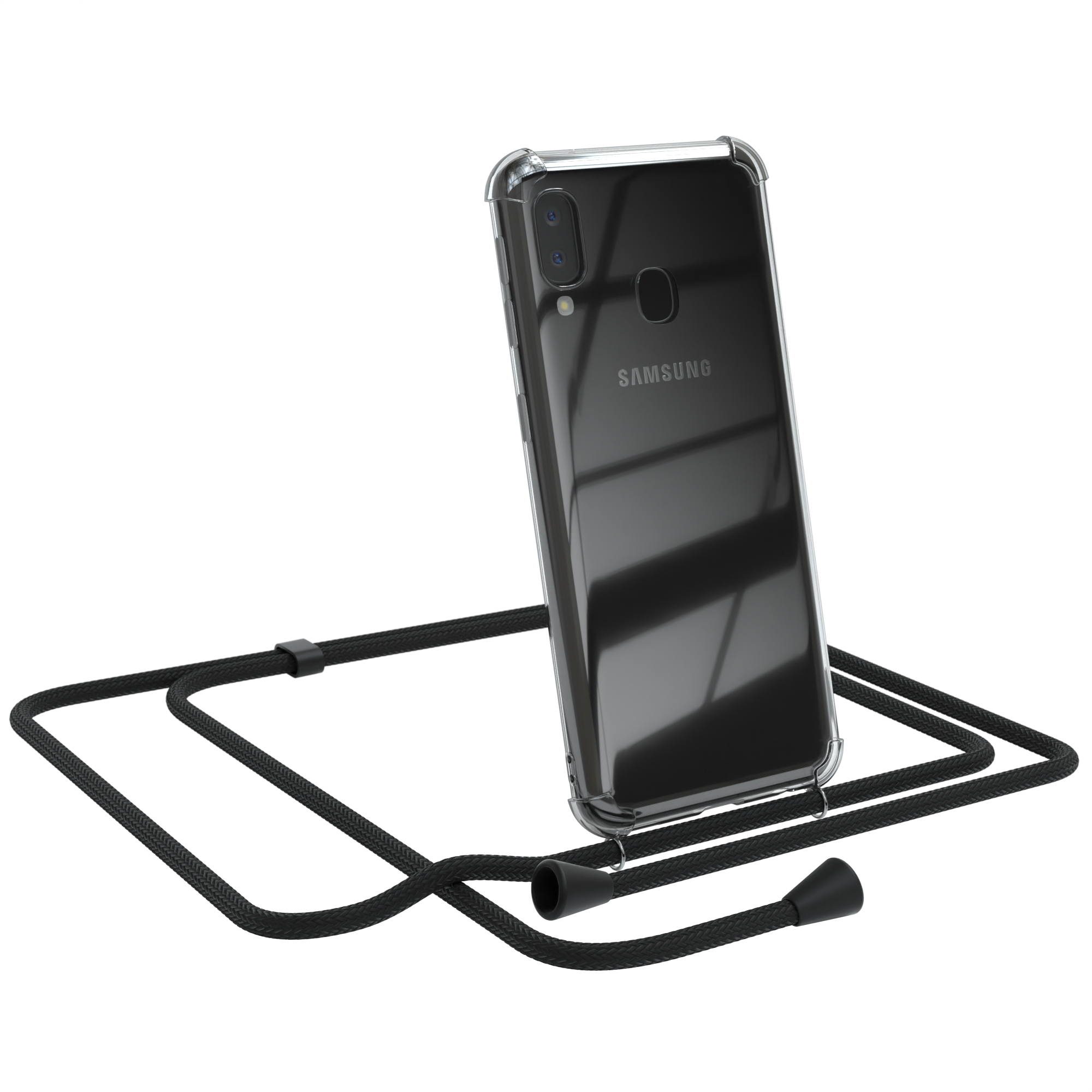 Telefon in klarer Hülle mit schwarzem Umhängeband. Samsung-Logo sichtbar.