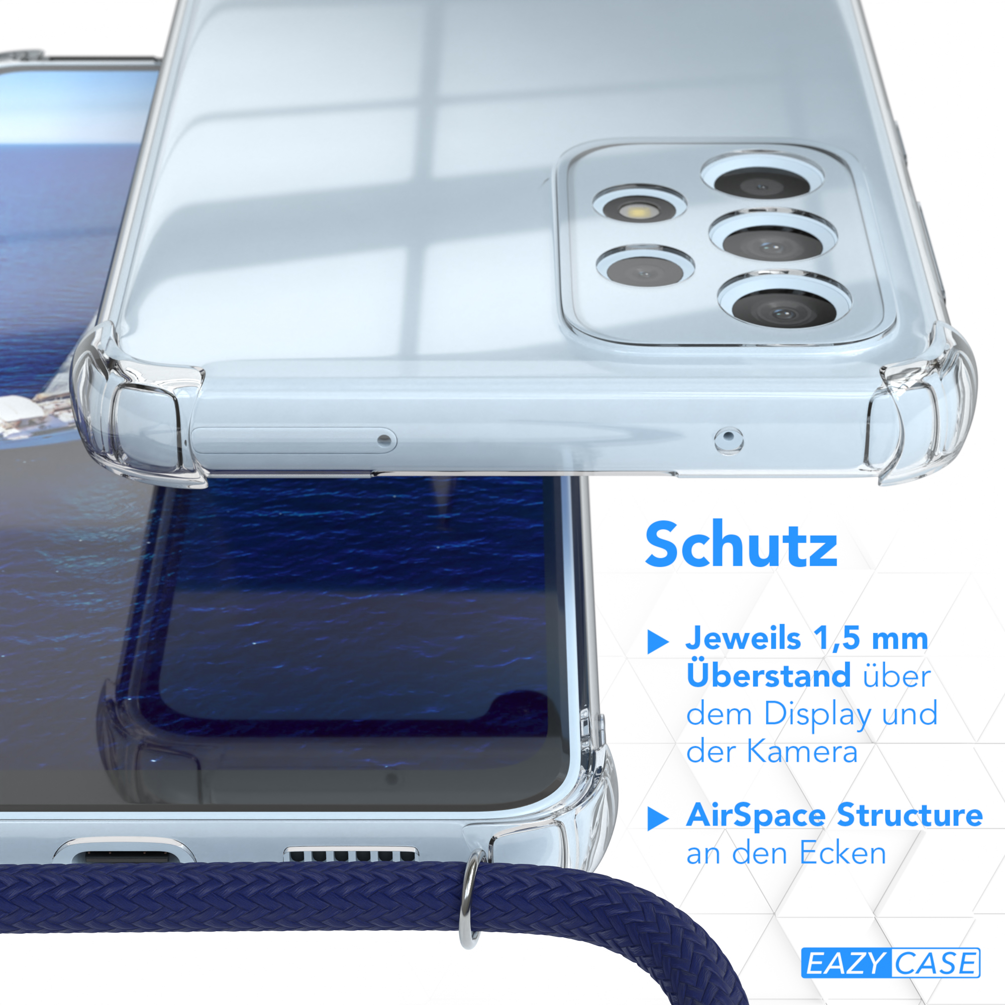 Klare Handyhülle mit blauem Gurt, Text 'Schutz' und Details zur Hülle.