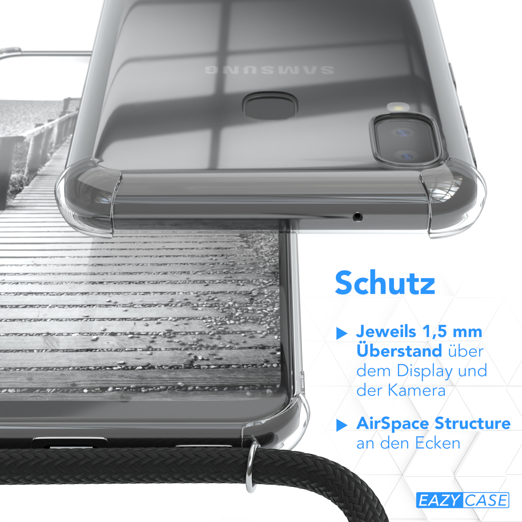 Transparente Handyhülle mit Telefon. Das Bild zeigt die Schutzfunktionen der Hülle.