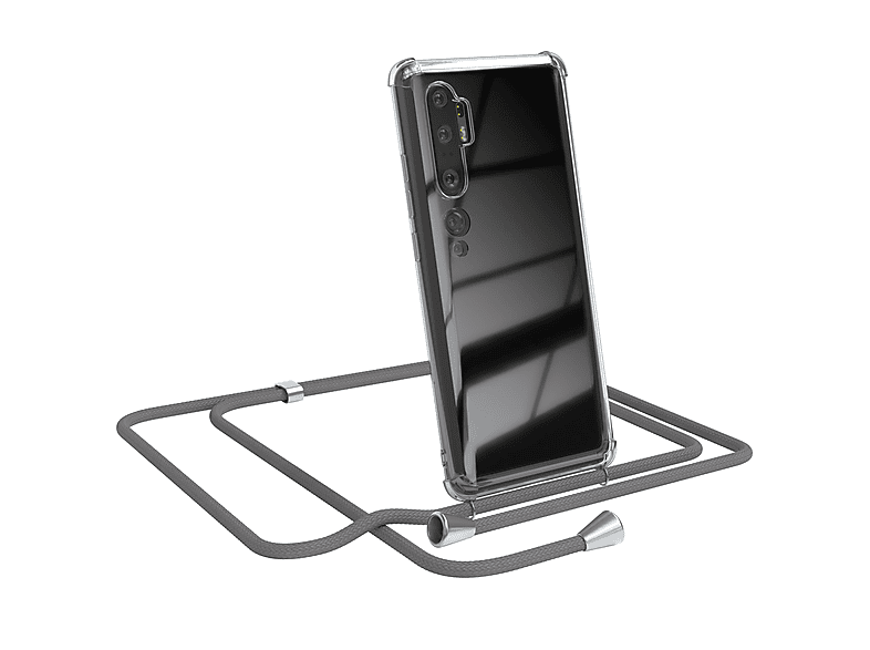 EAZY CASE Clear Cover mit Umhängeband, Umhängetasche, Xiaomi, Mi Note 10 / Mi Note 10 Pro, Grau / Clips Silber