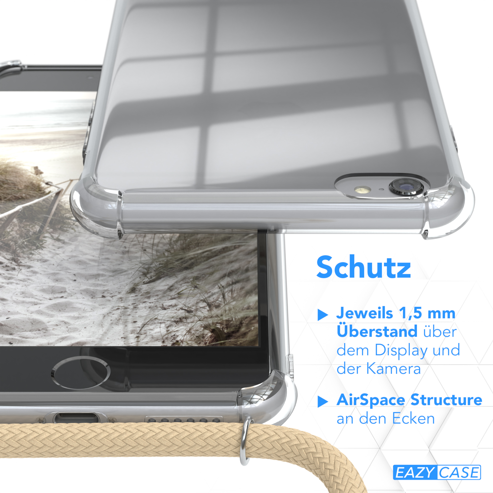 Transparente Handyhülle auf dem Telefon. Text: Schutz, AirSpace Structure und 1,5 mm Displayschutz.