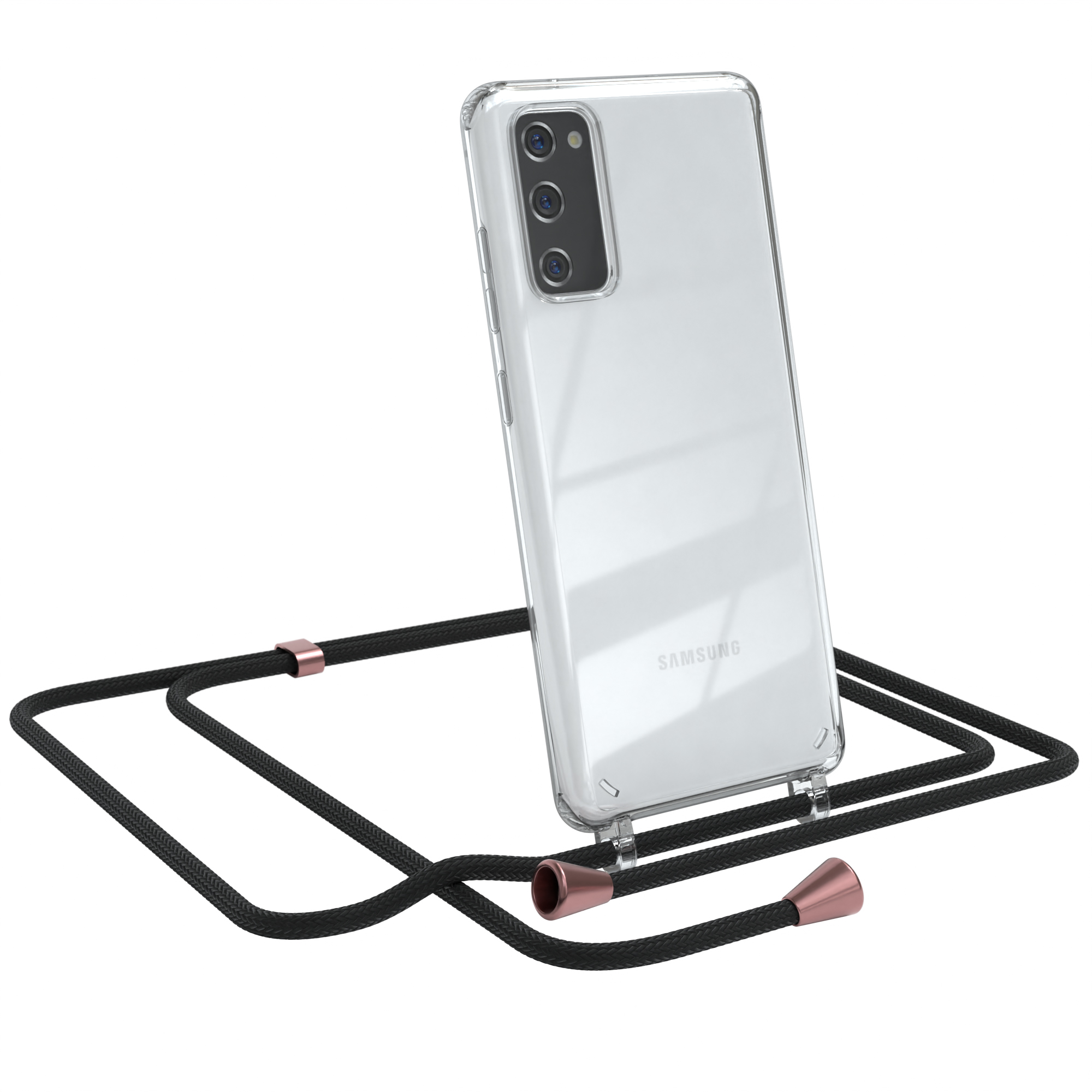 Transparente Handyhülle mit schwarzem Lanyard. Samsung-Telefon sichtbar. Weißer Hintergrund.