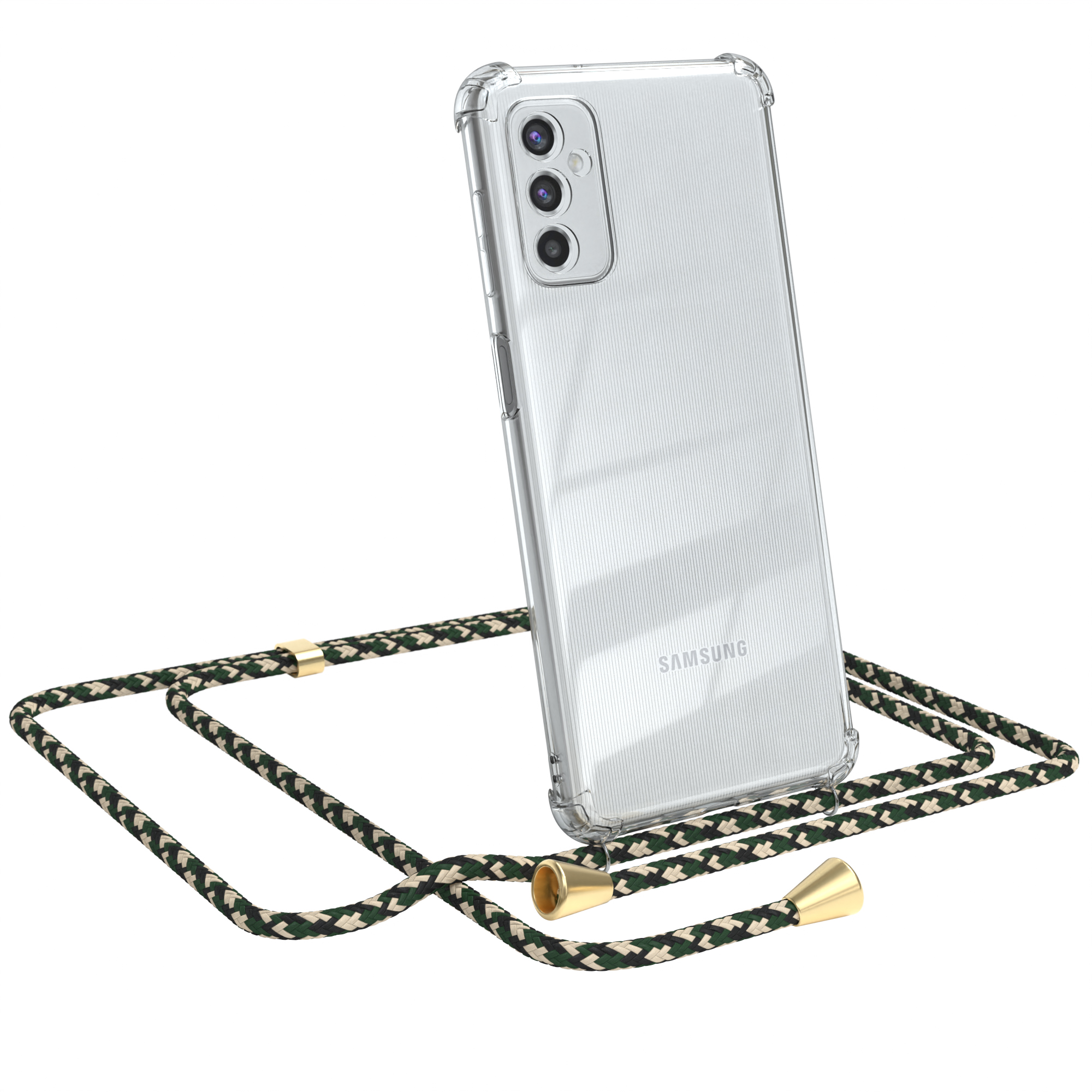 Transparente Handyhülle mit grünem Band. Samsung-Telefon sichtbar. Weißer Hintergrund.