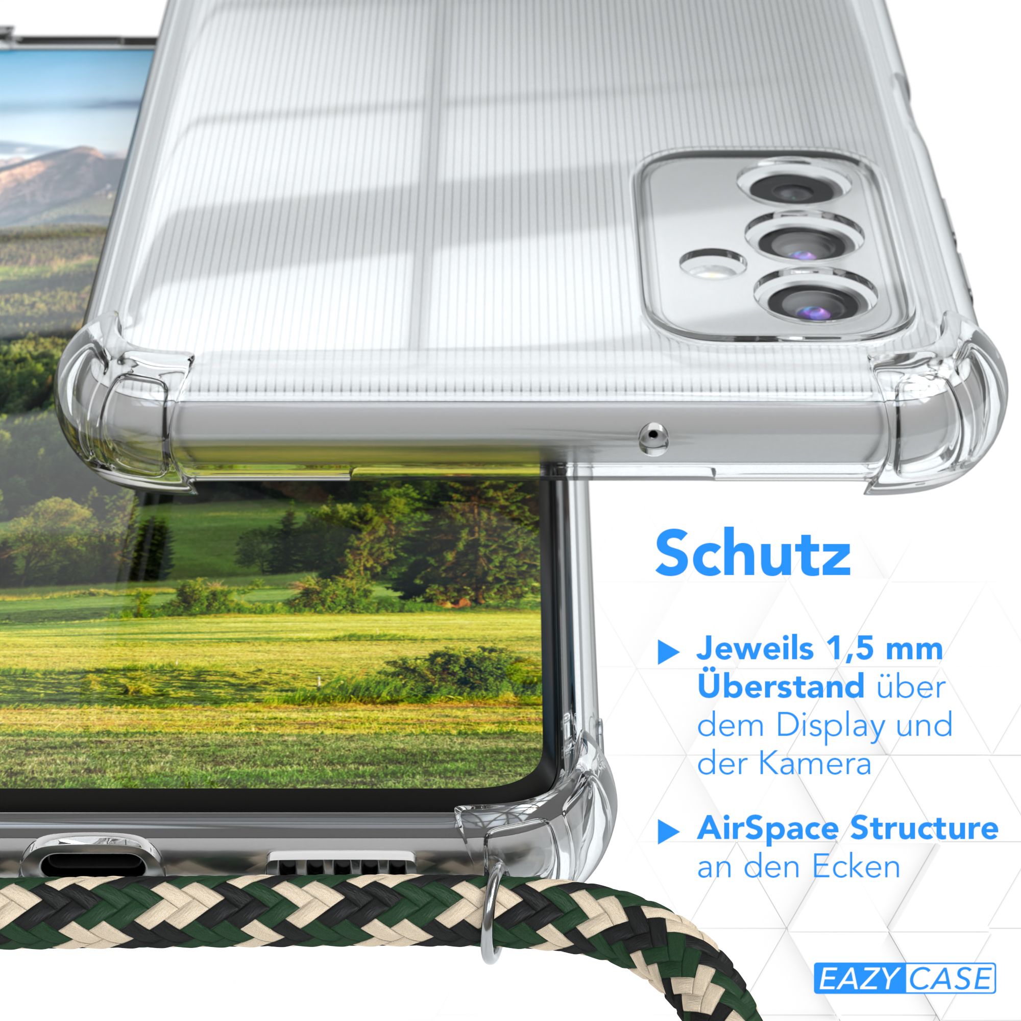 Transparente Handyhülle mit grün-weißem Band. Verschwommener Hintergrund mit Feldern.