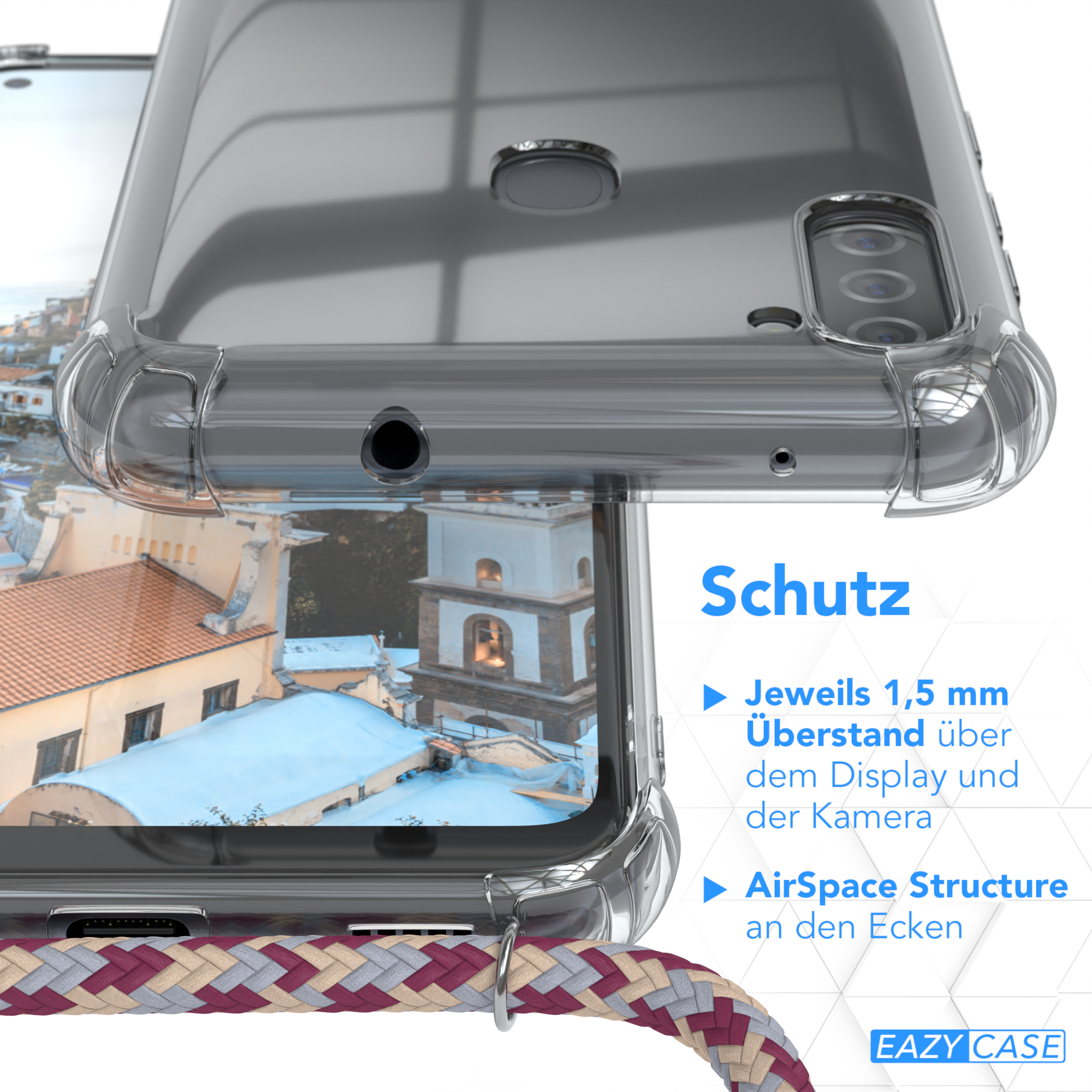 Transparente Handyhülle mit Schutzdetails: 1,5 mm Überstand, AirSpace-Struktur.