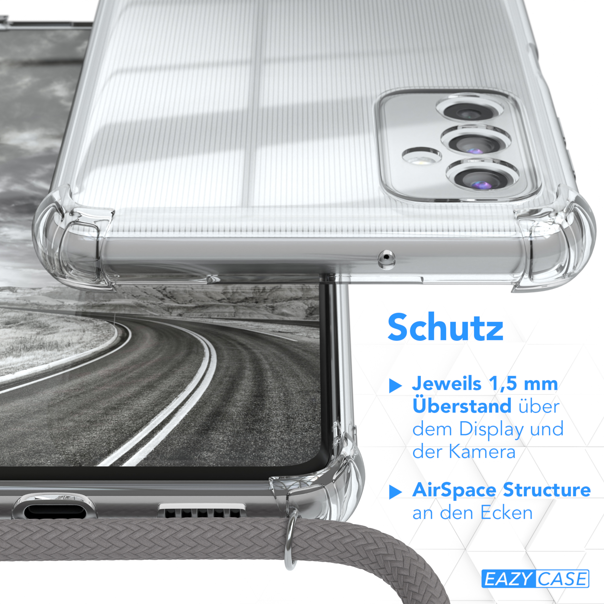 EAZY CASE Clear Cover mit Umhängetasche, Galaxy Grau Silber Umhängeband, Clips M52 / 5G, Samsung