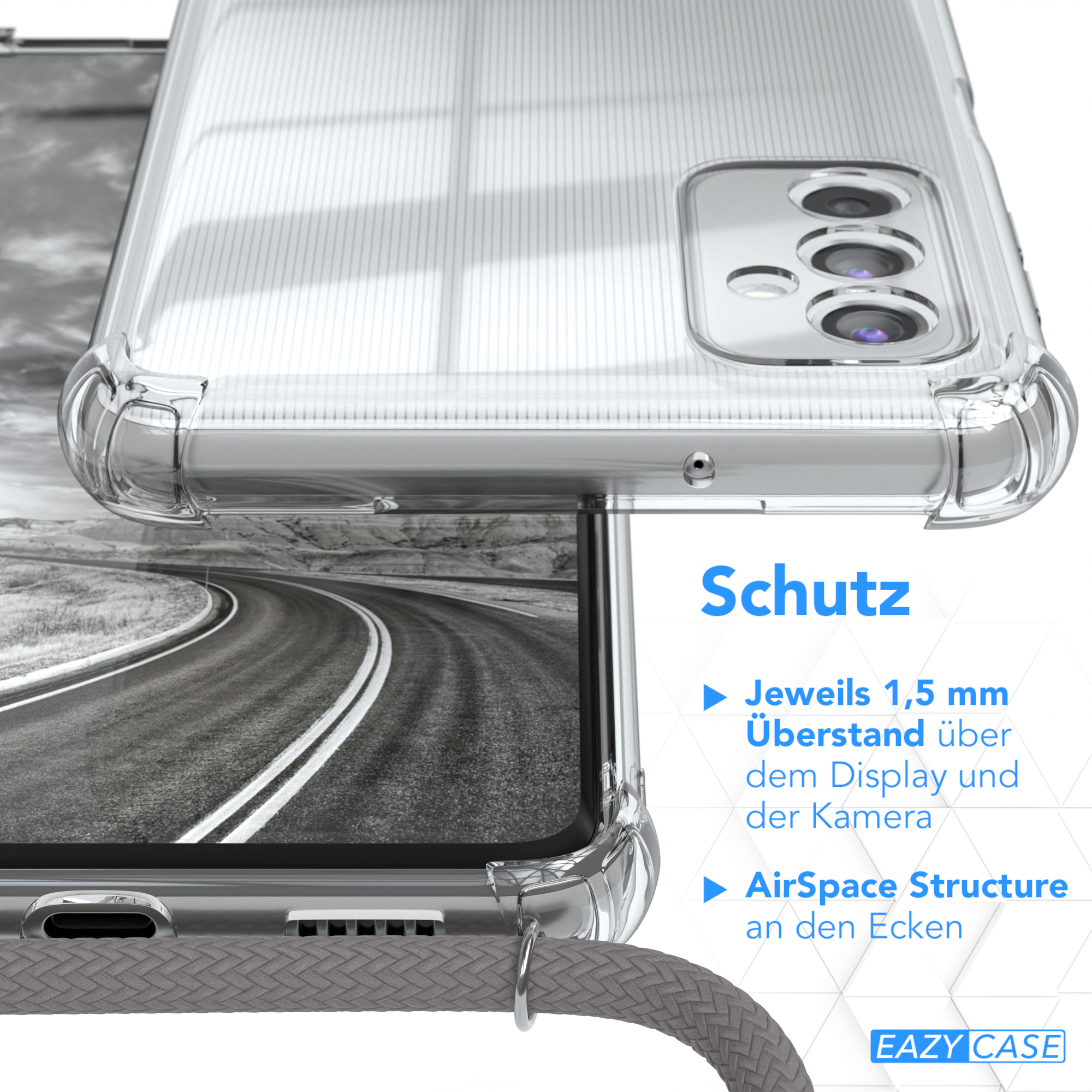 Nahaufnahme einer transparenten Handyhülle über einem Telefon, zeigt die Kamera und einen grauen Gurt.