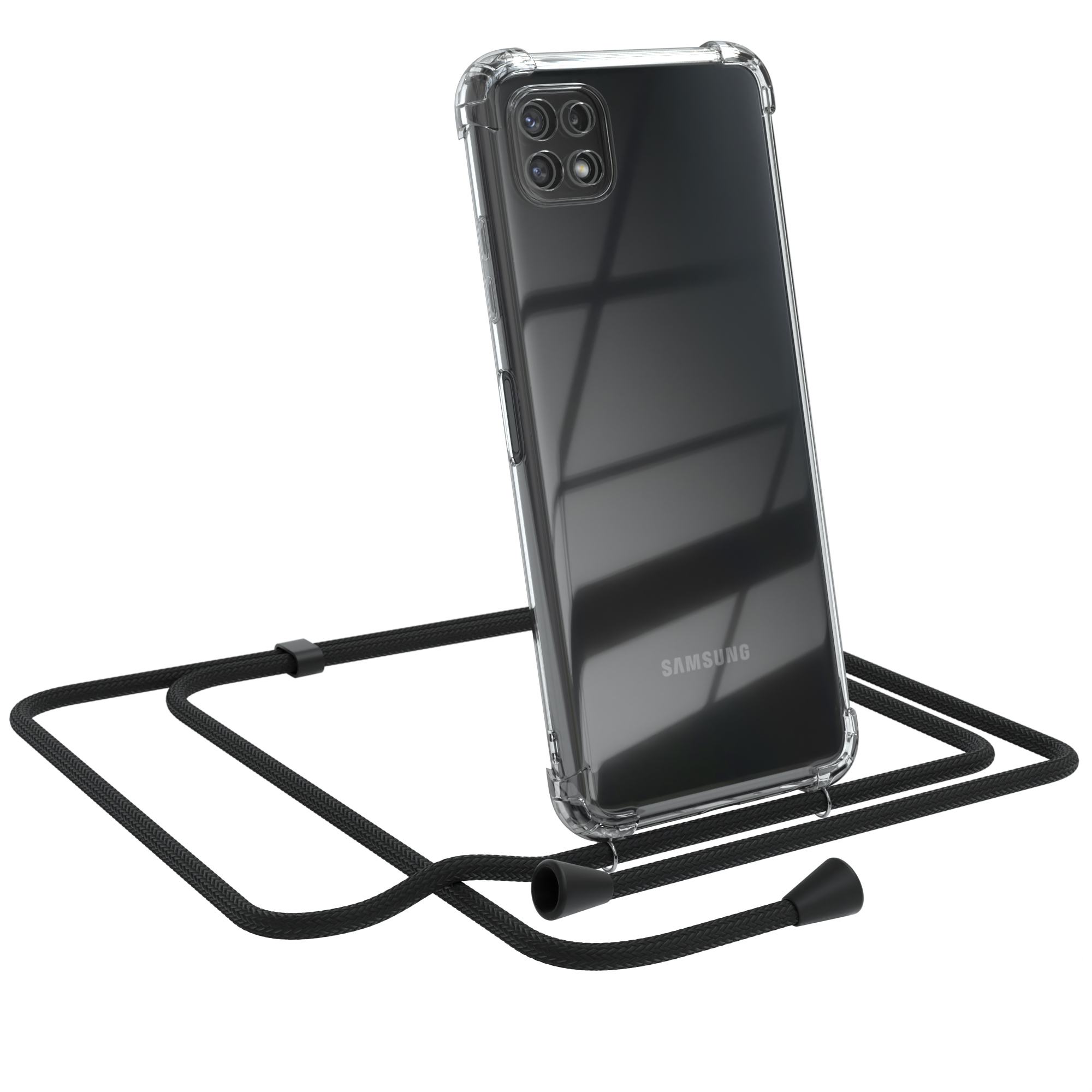 Ein Smartphone in einer transparenten Hülle mit einer schwarzen Kordel.