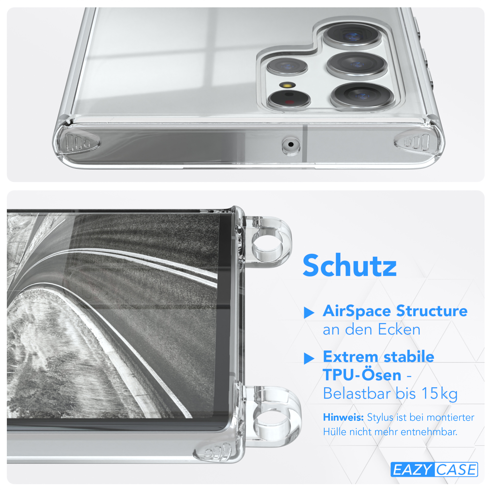 Eine transparente Handyhülle mit Text und einem Telefon darin, mit weißem Hintergrund.