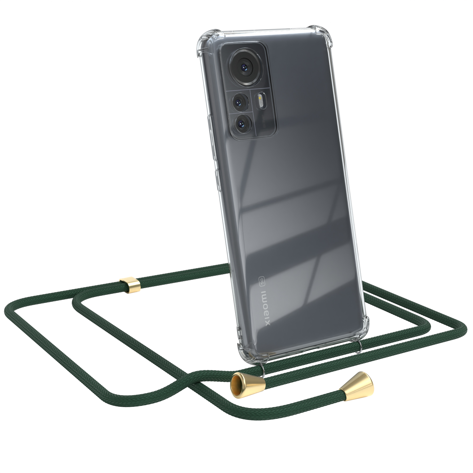 Transparente Handyhülle mit grünem Umhängeband. Das Telefon ist gegen weißen Hintergrund geneigt.