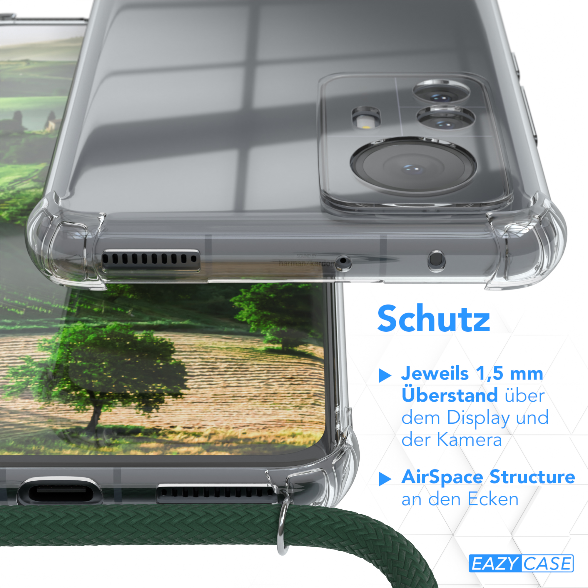 Eine klare Handyhülle über einem Telefon. Grüne Bäume und Text über Schutz.