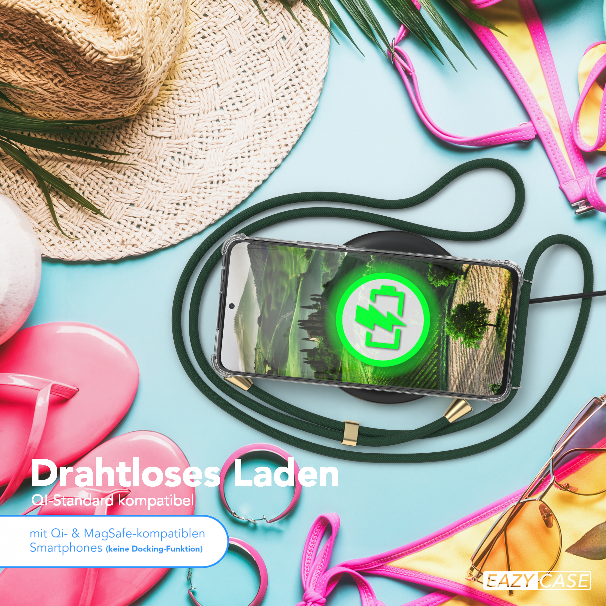 Ein Telefon wird kabellos geladen, umgeben von Strandutensilien wie Hut, Sonnenbrille und Flip-Flops.