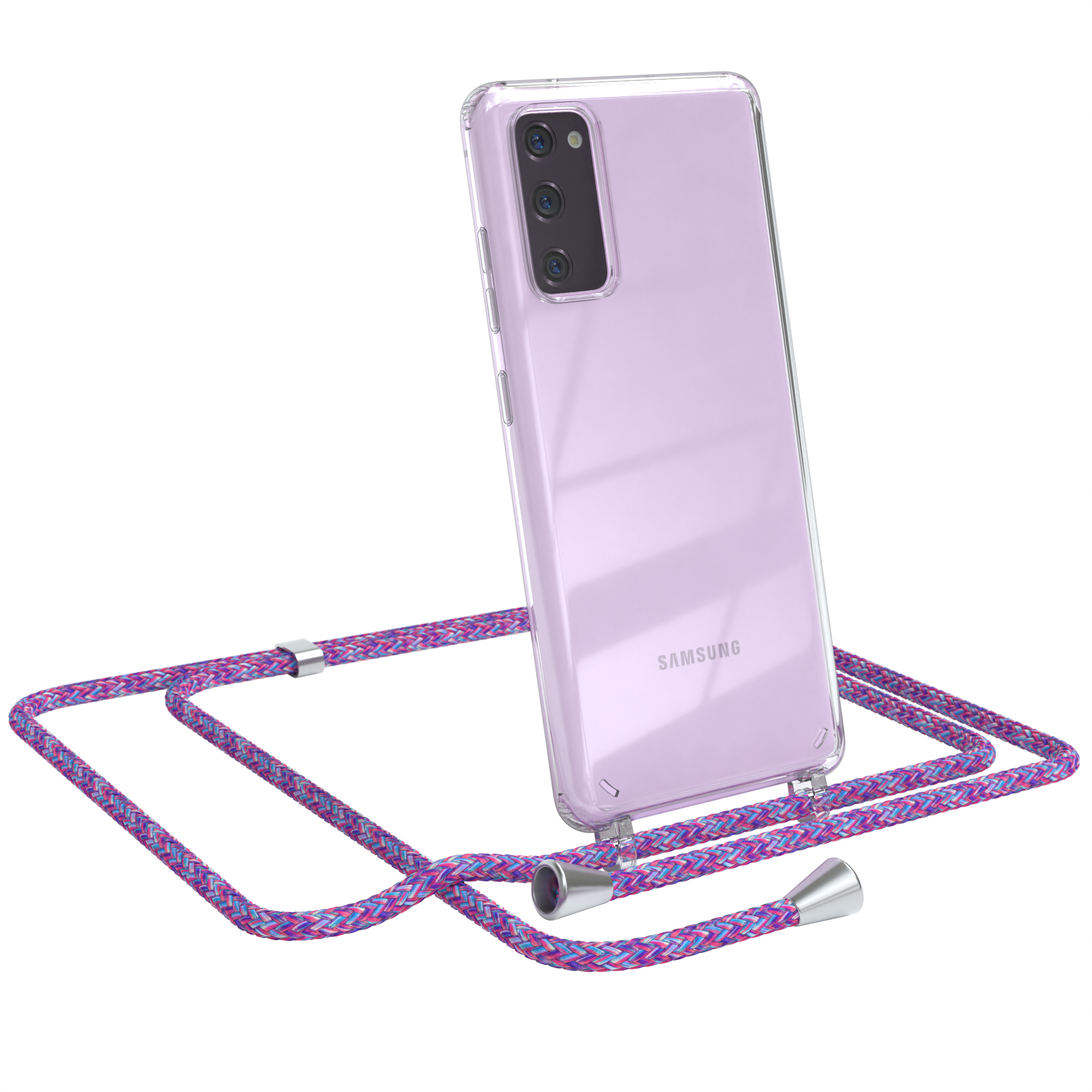 Transparente Handyhülle mit pink-blauem Seilriemen, silbernen Akzenten und Samsung-Handy.