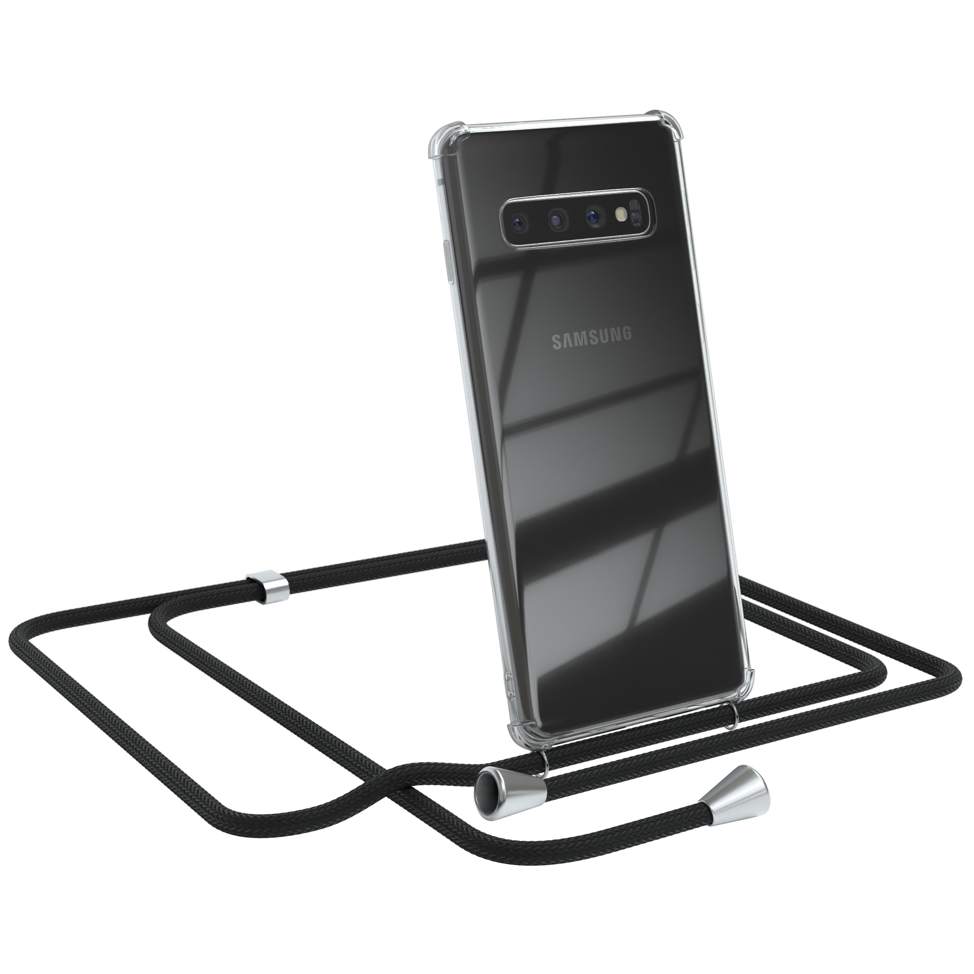 Transparente Handyhülle mit schwarzem Band. Samsung-Telefon sichtbar. Weißer Hintergrund.