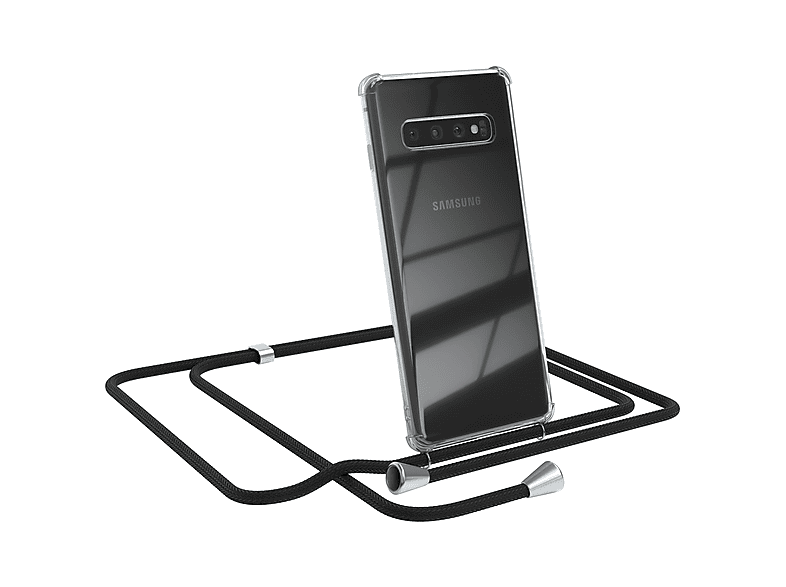 Samsung, CASE Clips mit Silber / Cover Umhängeband, S10, EAZY Clear Galaxy Umhängetasche, Schwarz