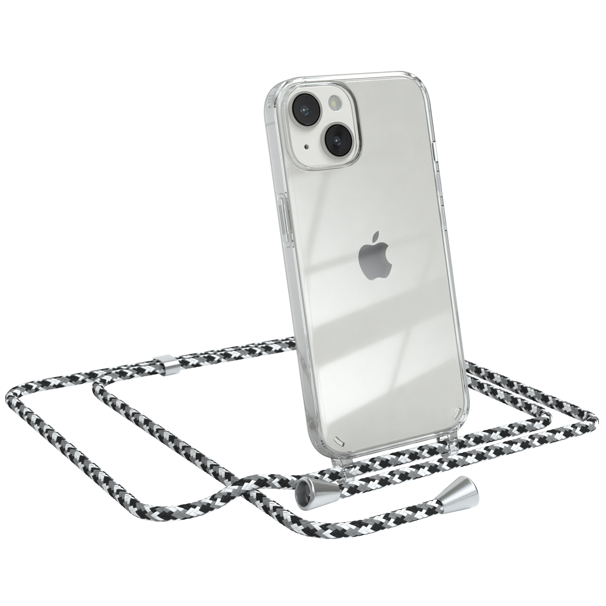 Transparente Hülle mit schwarz-weißem Lanyard. Apple-Telefon.