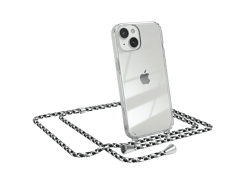 EAZY CASE Clear Cover mit Umhängeband, Umhängetasche, Apple, iPhone 14, Schwarz Camouflage / Clips Silber | Handyketten