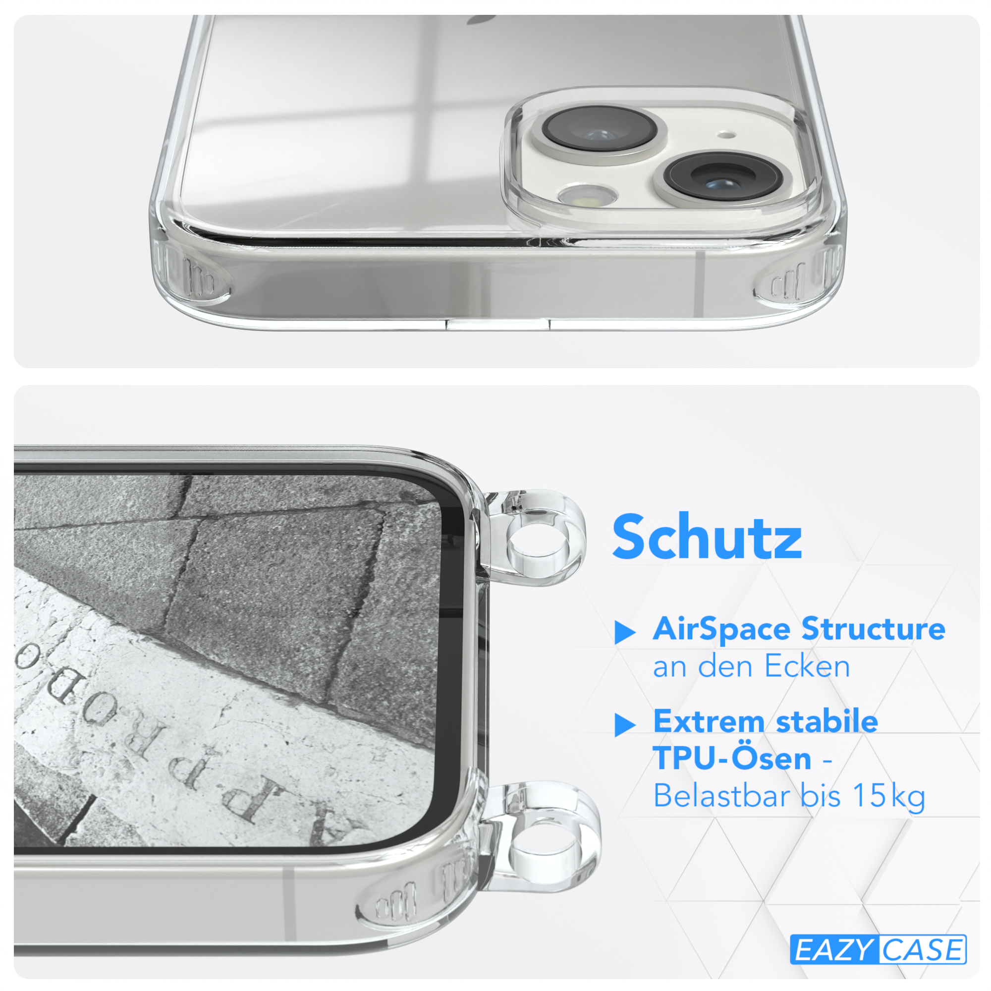 Nahaufnahme einer durchsichtigen Handyhülle mit verstärkten Ecken. Text: 'Schutz', 'AirSpace Structure' und 'Extrem stabile TPU-Ösen'.