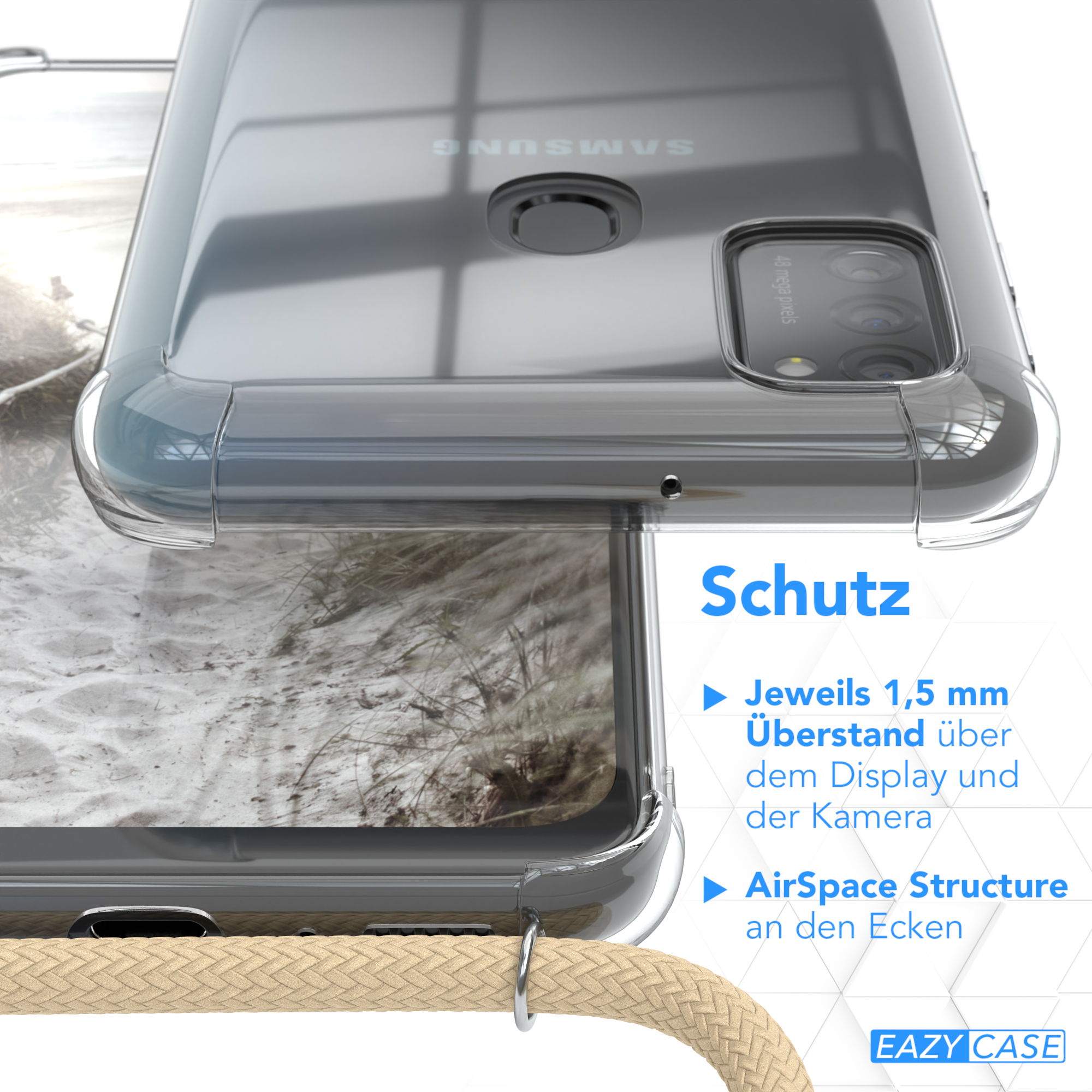 Nahaufnahme von Handyhülle und Umhängeband, Details der Schutzfunktionen und beiger Kordel.