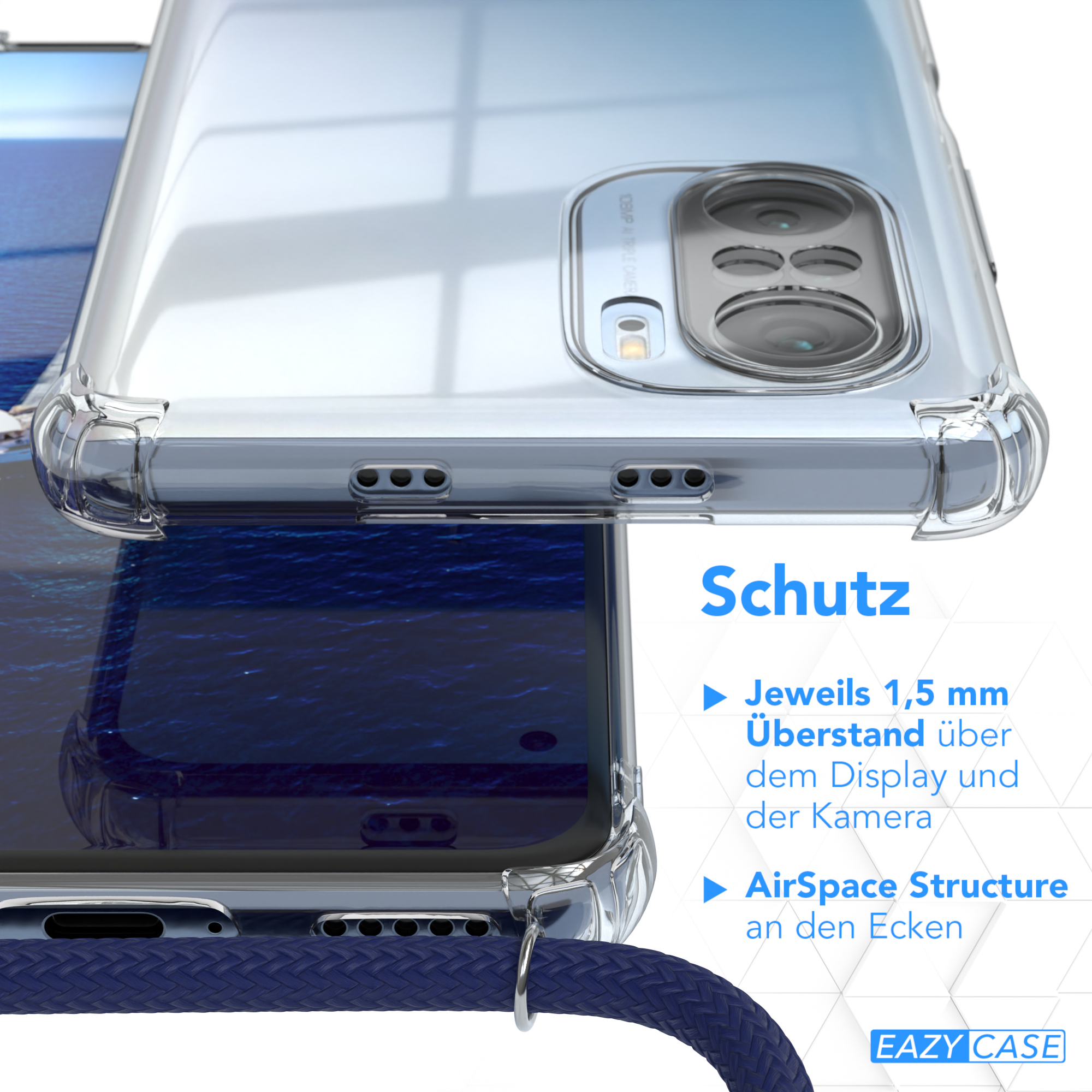 Nahaufnahme einer Handyhülle mit blauem Riemen. Der Text Schutz mit Details zur Hülle wird angezeigt.