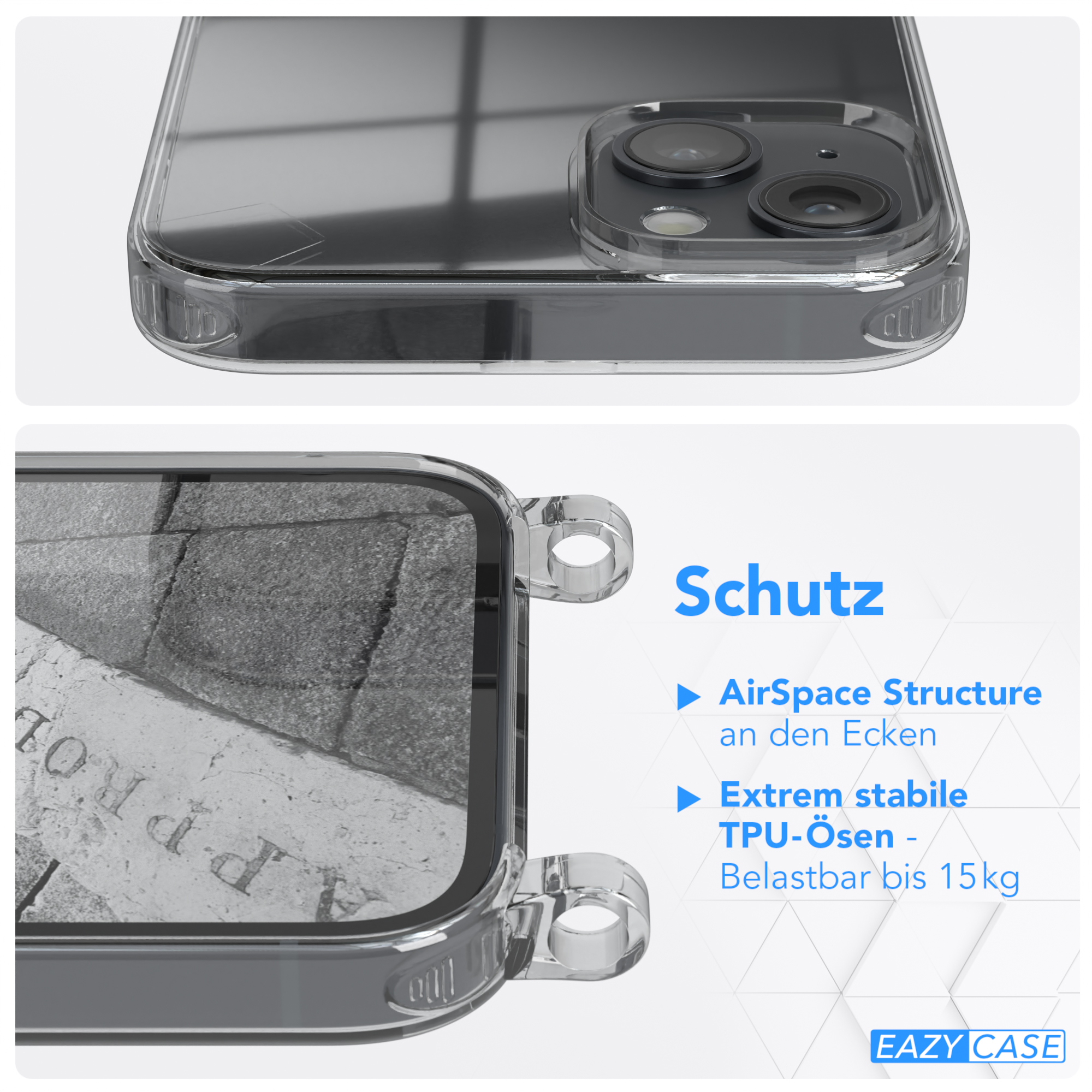 Cover Umhängetasche, Clear mit Plus, Apple, CASE EAZY Anthrazit iPhone Umhängeband, 14