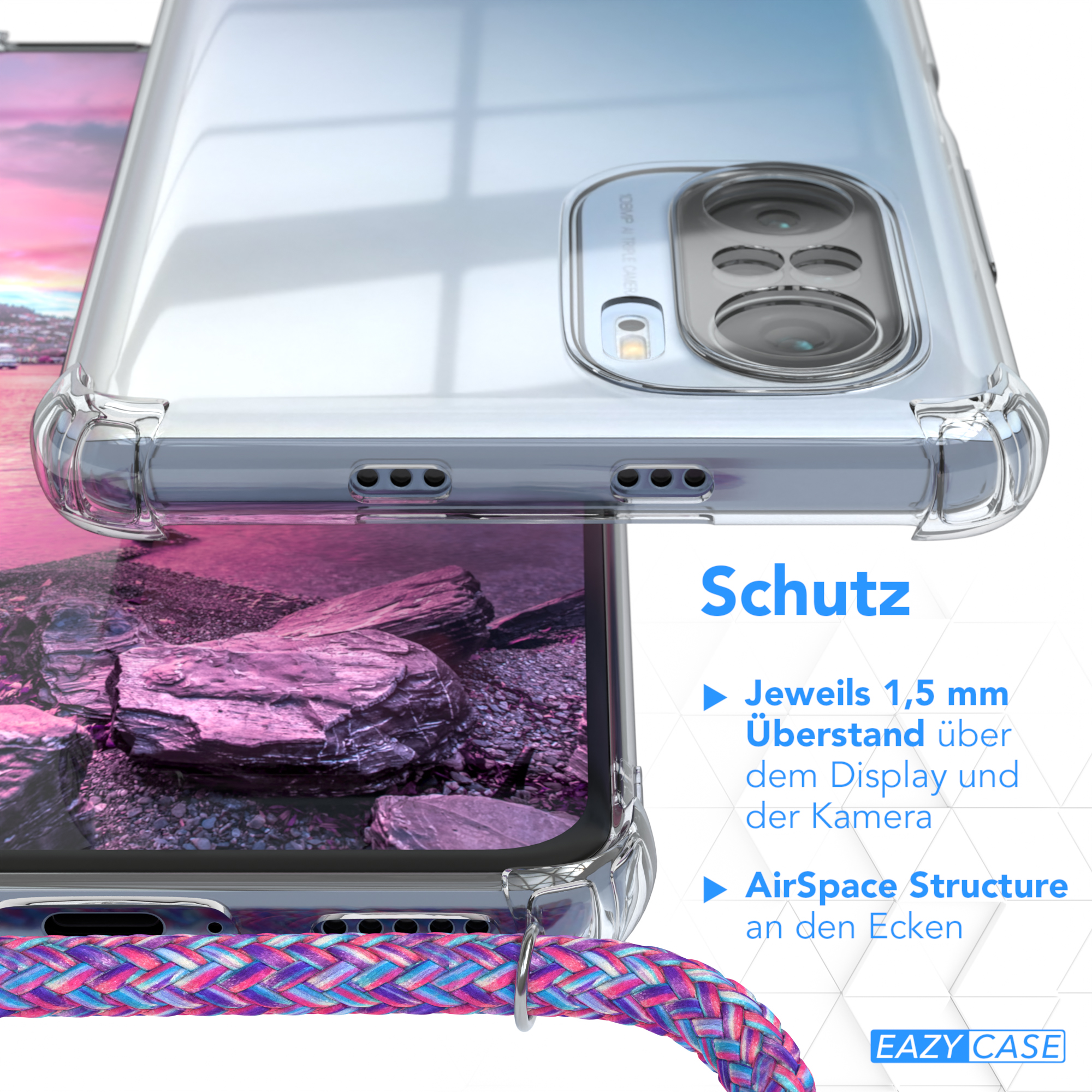 Transparente Handyhülle mit Band unten. Der Hintergrund ist eine Nahaufnahme einer Stadtlandschaft.