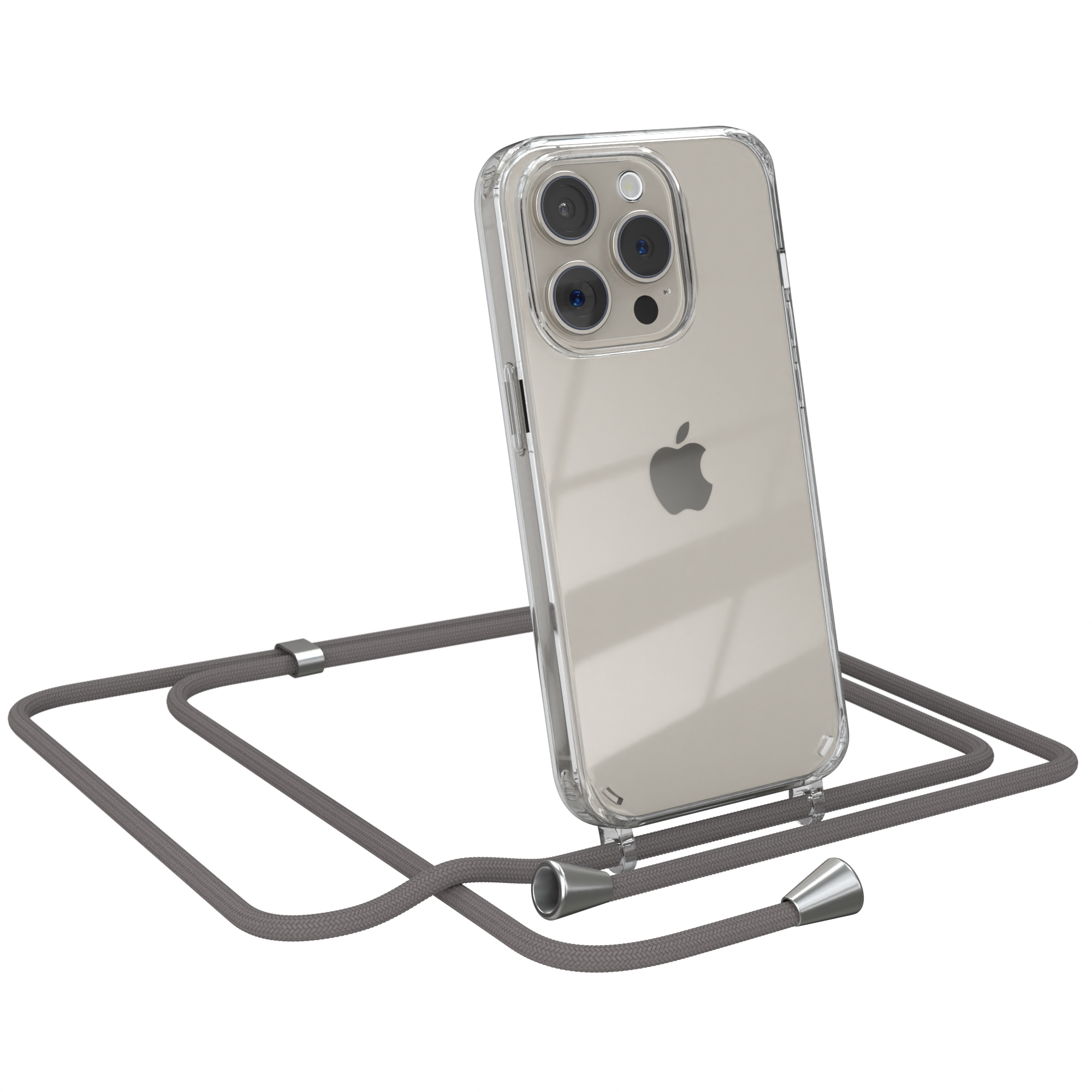 Transparente Handyhülle mit grauem Band. Silberne Akzente. Apple-Logo sichtbar.
