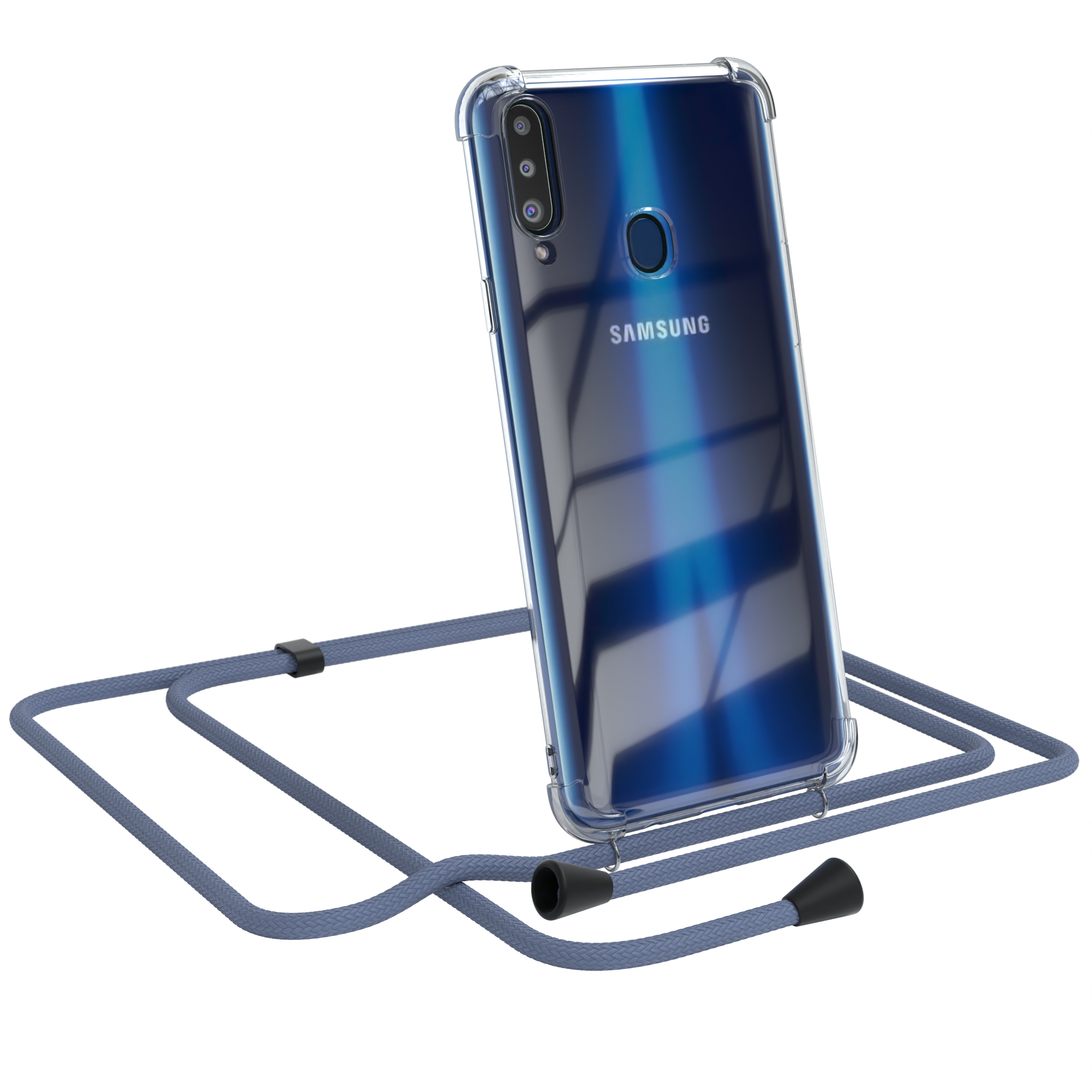 Transparente Handyhülle mit grauem Lanyard. Samsung-Handy sichtbar. Weißer Hintergrund.