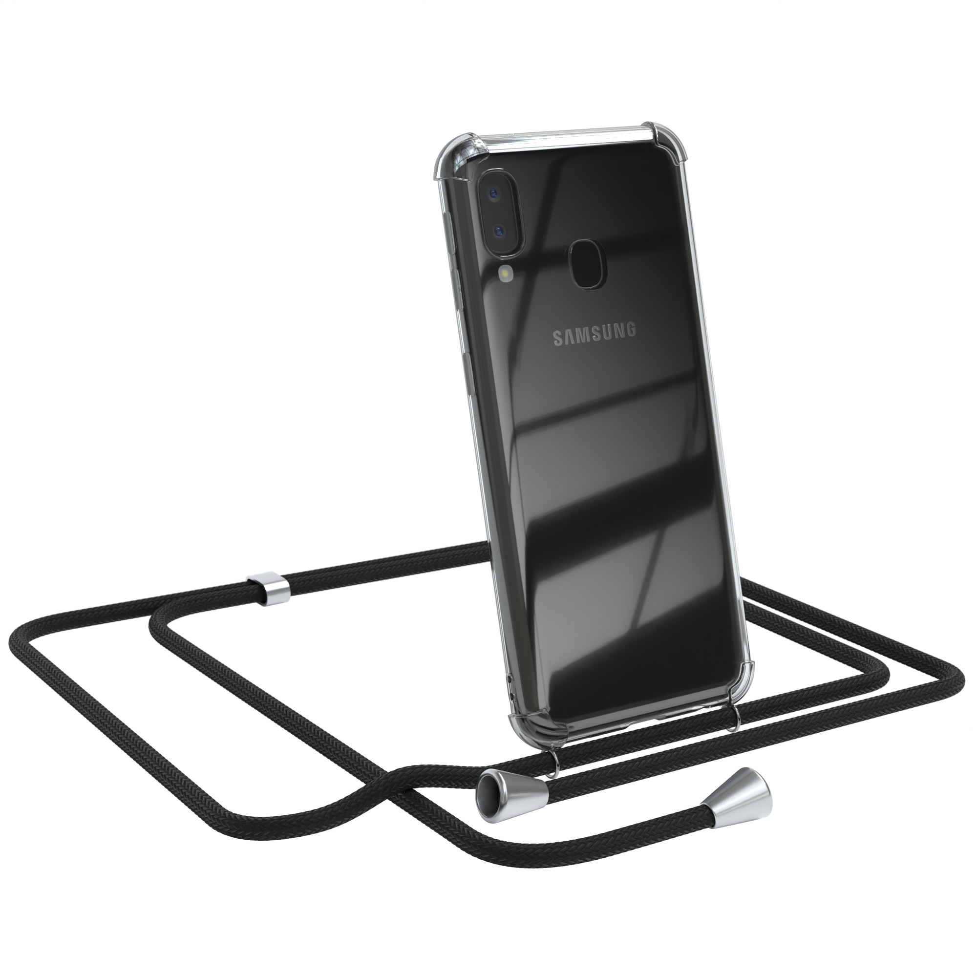 Ein Samsung-Telefon in einer transparenten Hülle mit einem schwarzen Lanyard.
